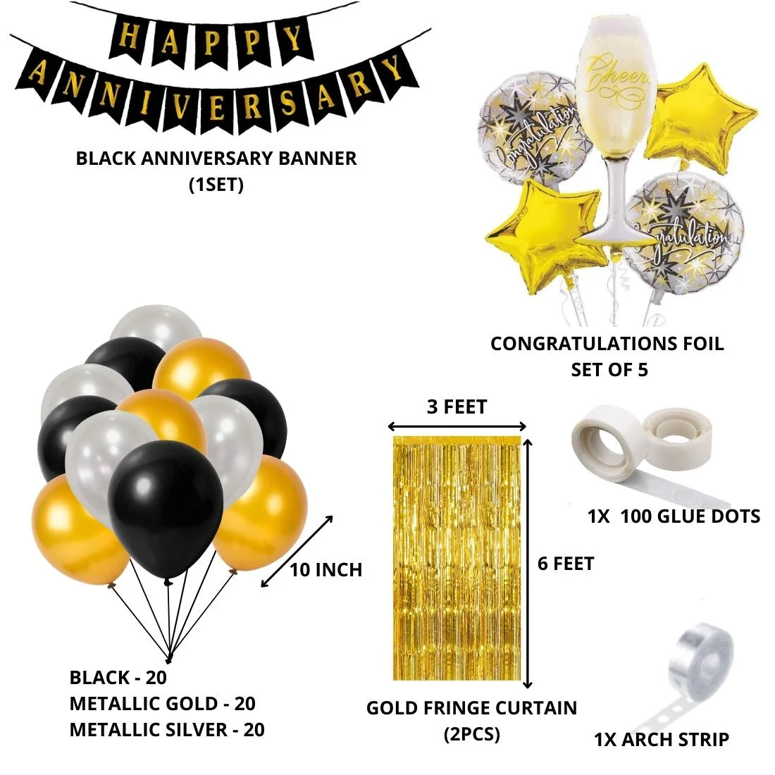 Happy Anniversary Decoration(Black/Silver/Gold) - (71 Pcs) - Premium Handcrafted 300 GSM Party Supply by Party Decor Mall India - View 2