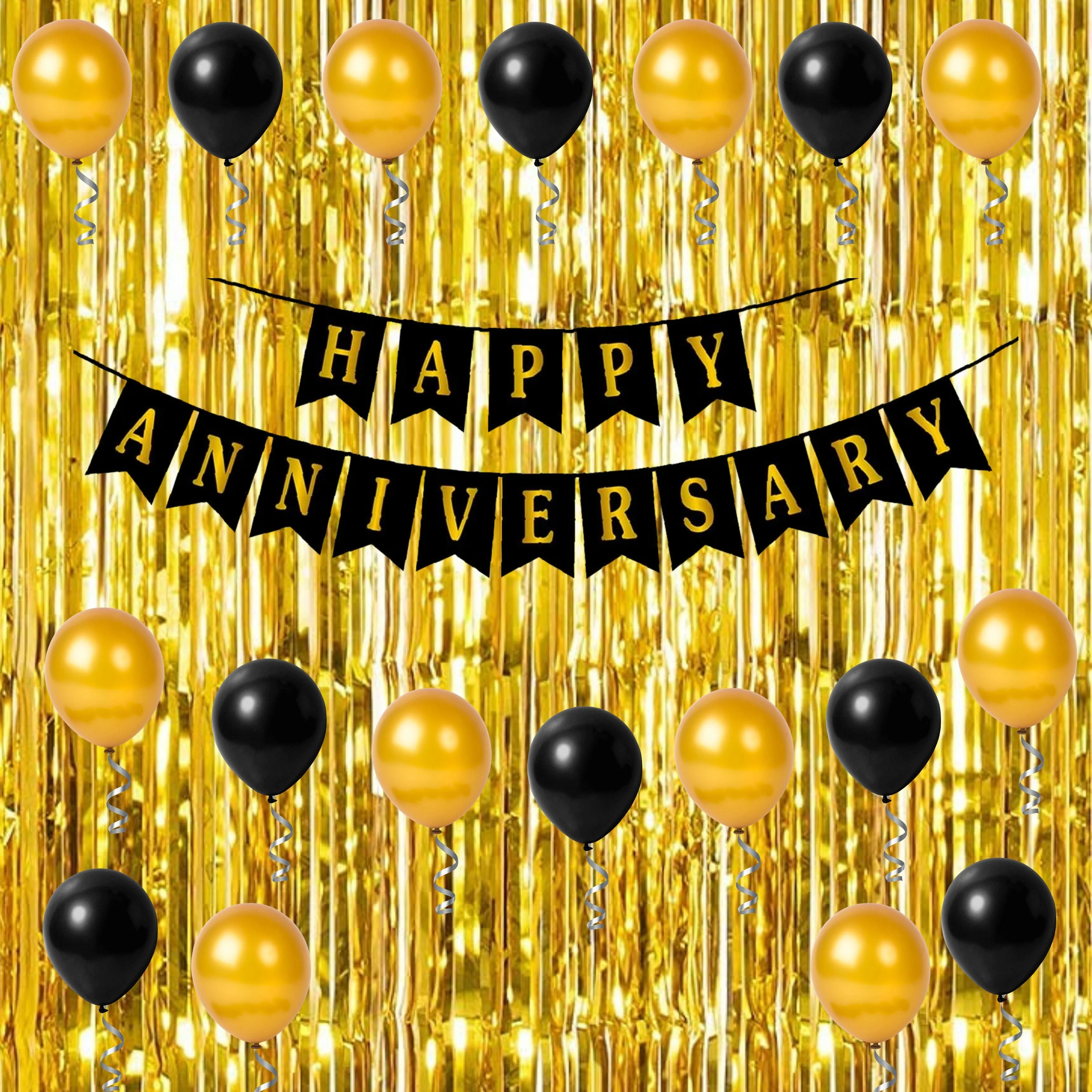 Happy Anniversary Decoration(Black/Silver/Gold) - (55 Pcs) - Premium Handcrafted 300 GSM Party Supply by Party Decor Mall India - View 1