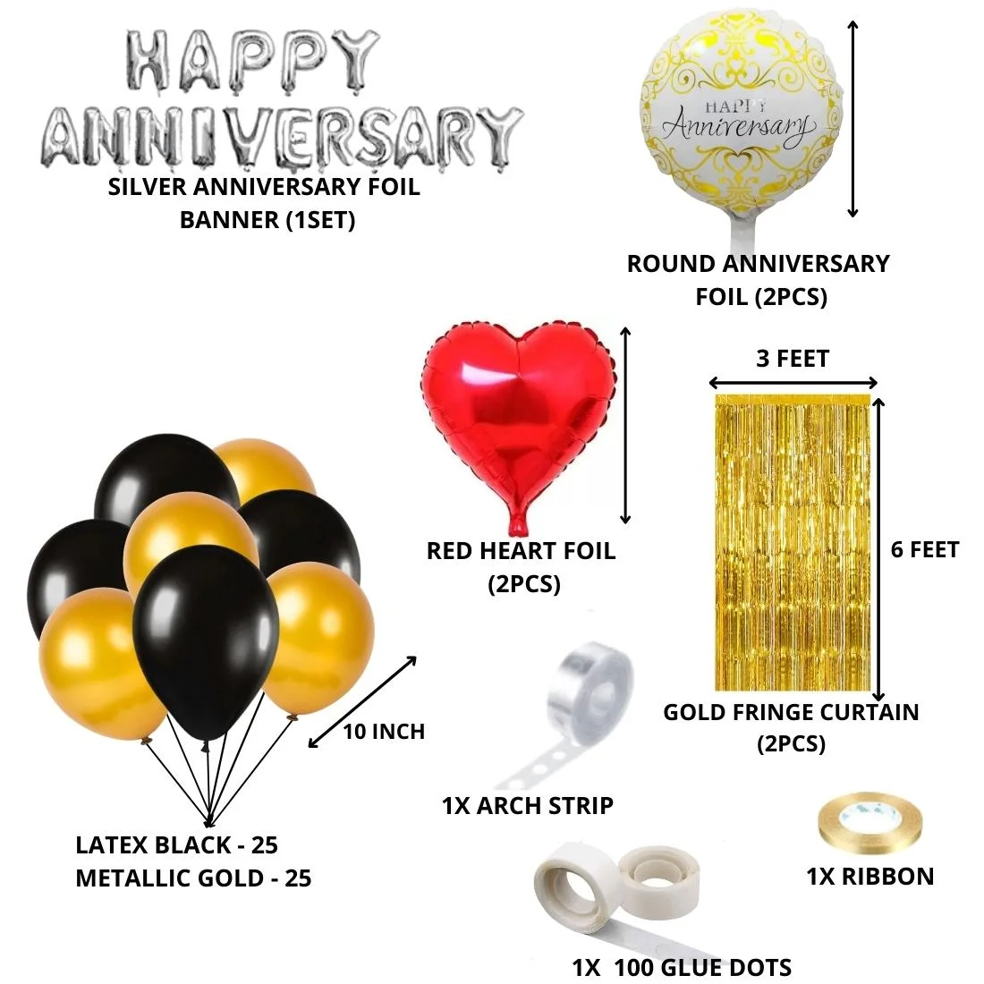 Happy Anniversary Decoration(Red/Black/Silver/Gold) - (72 Pcs) - Premium Handcrafted 300 GSM Party Supply by Party Decor Mall India - View 2