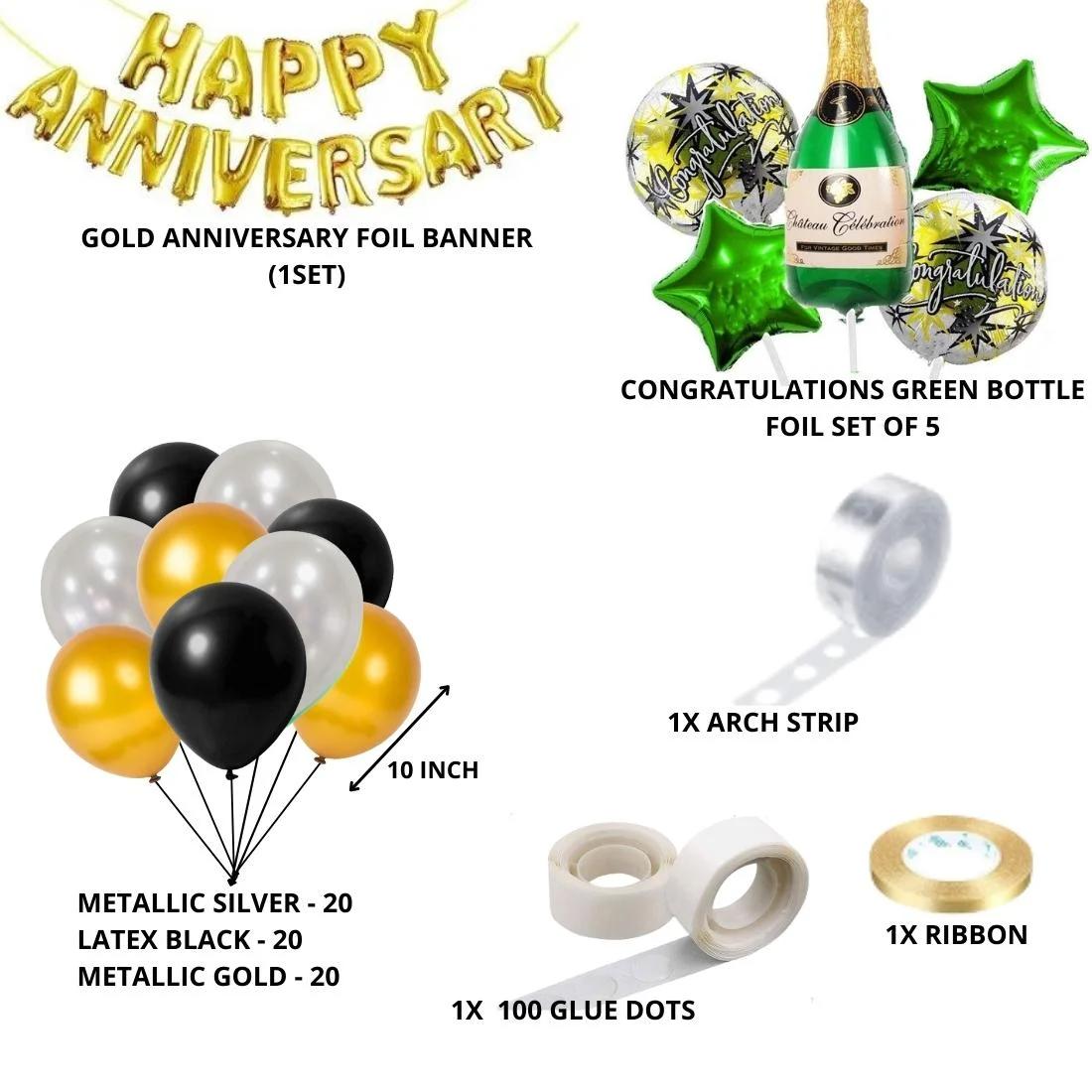 Happy Anniversary Decoration  - Congratulations Green Bottle / Gold/Black Balloons - (81 Pcs) - Premium Handcrafted 300 GSM Balloons by Party Decor Mall India - View 2