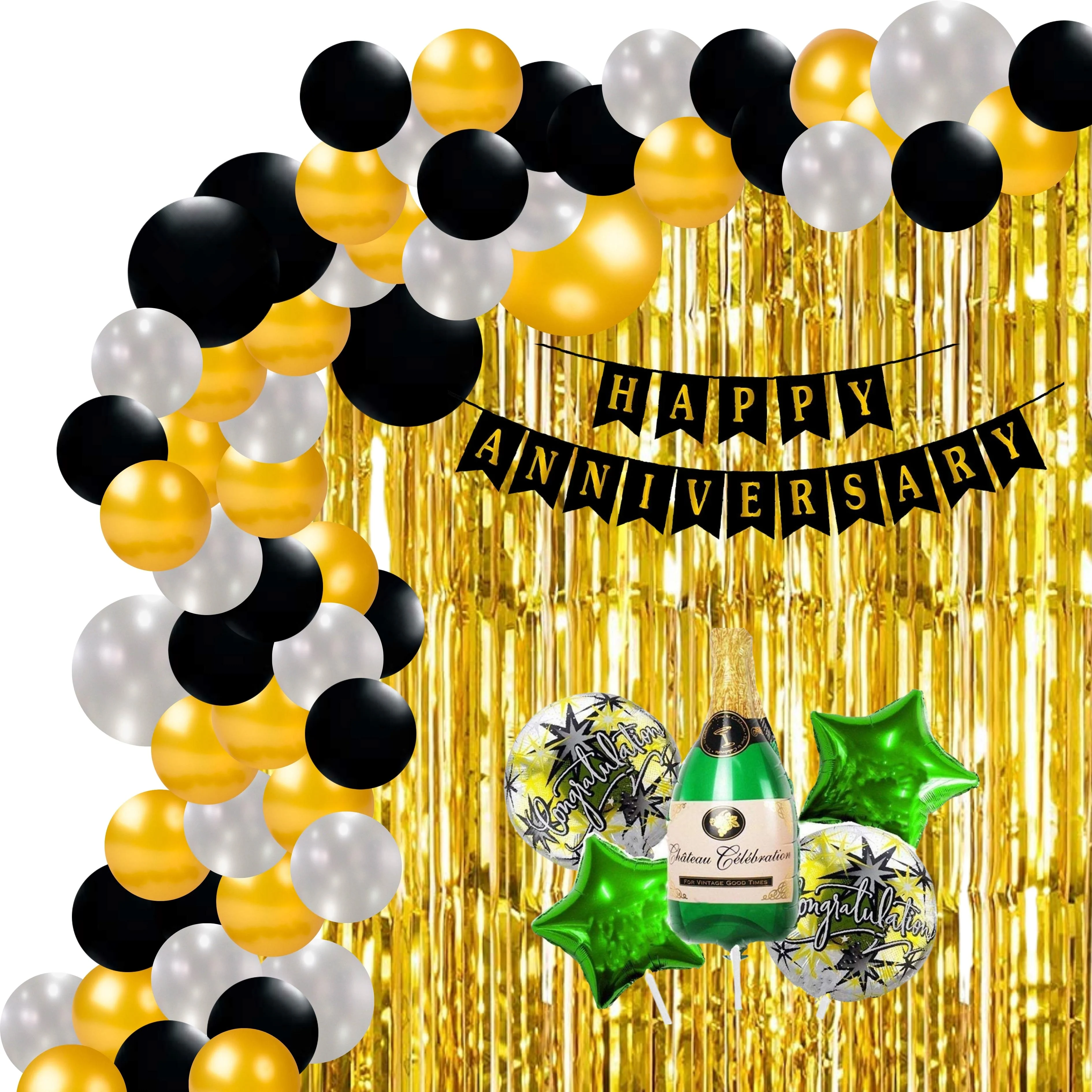 Happy Anniversary Decoration  - Congratulations Green Bottle / Gold/Black Balloons - (71 Pcs)