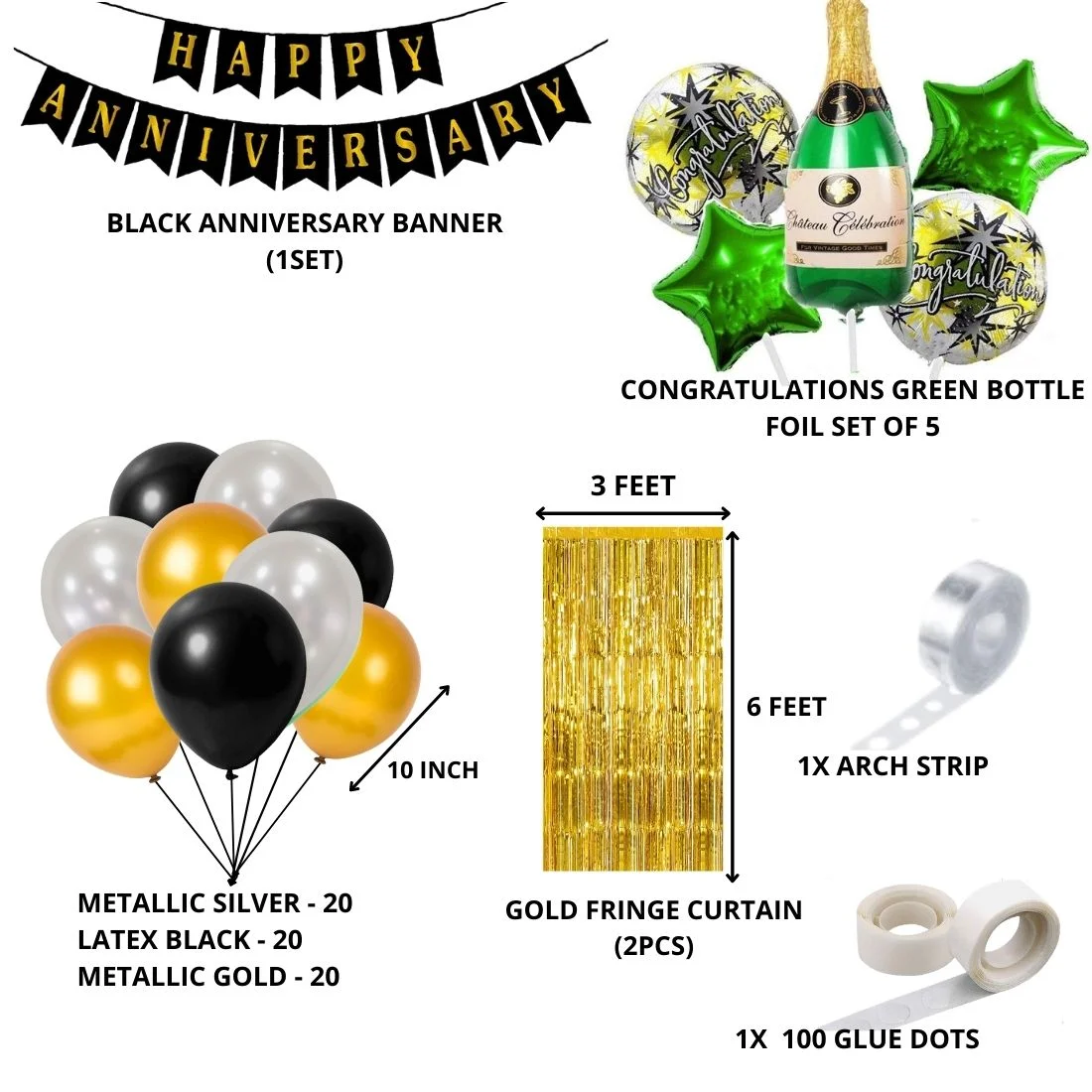 Happy Anniversary Decoration  - Congratulations Green Bottle / Gold/Black Balloons - (71 Pcs) - Premium Handcrafted 300 GSM Balloons by Party Decor Mall India - View 2