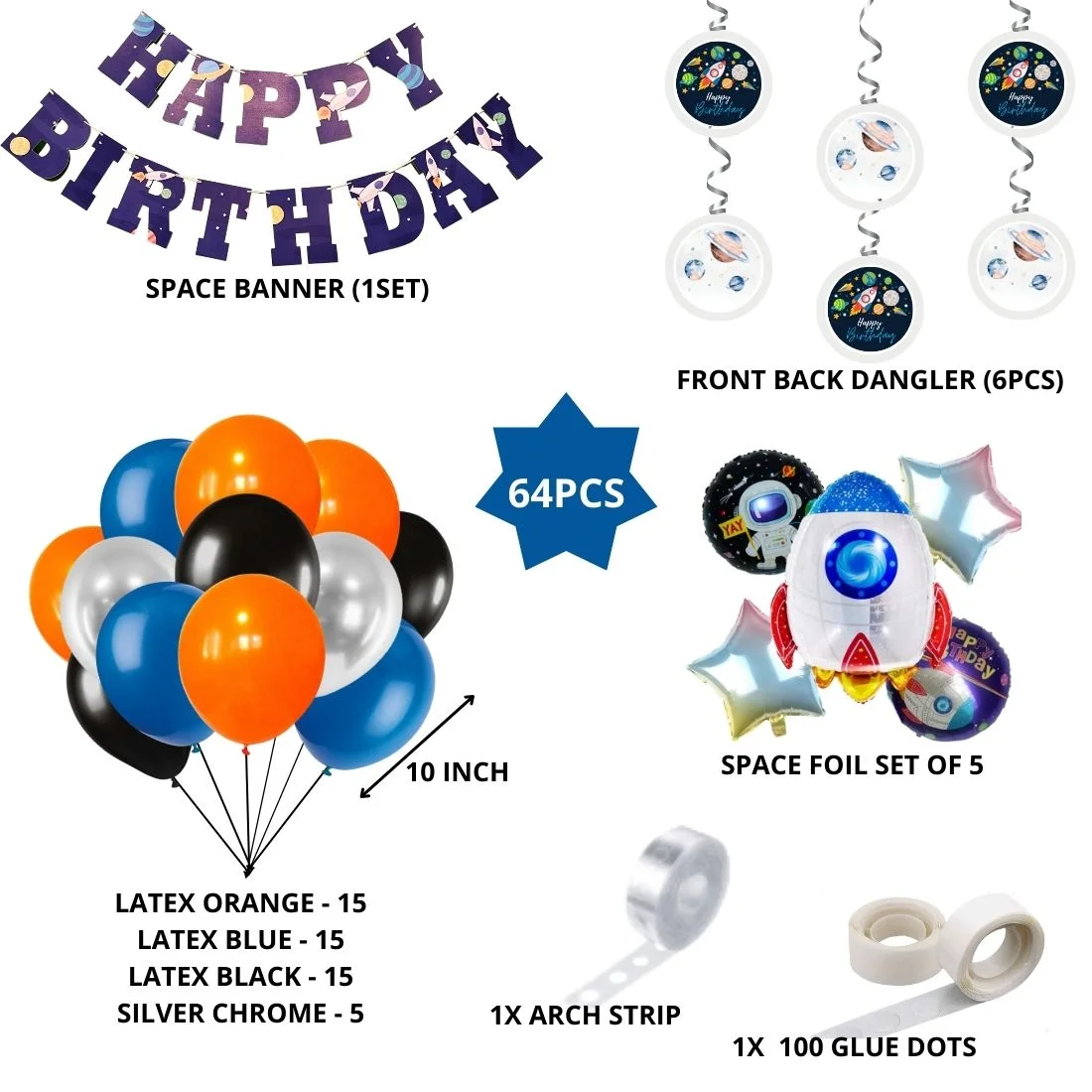 Space Theme Birthday Balloon Decoration DIY Kit (64Pcs) - Premium Handcrafted 300 GSM Party Supply by Party Decor Mall India - View 2