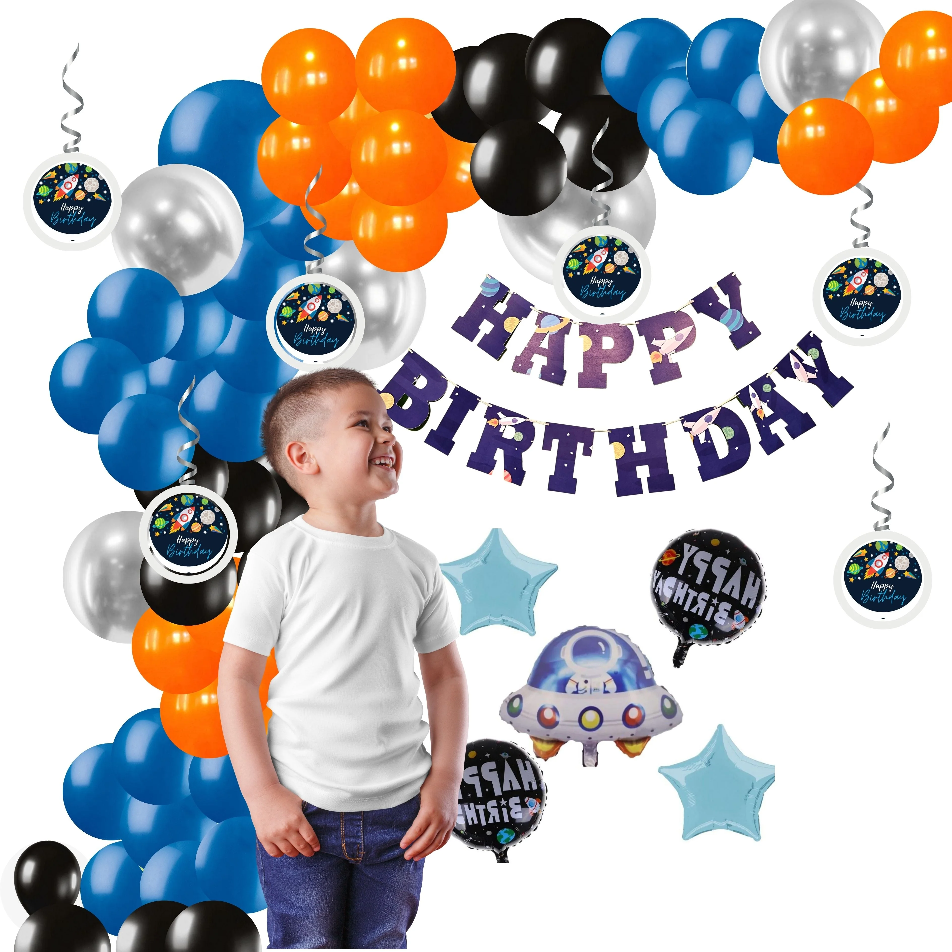 Space Theme Birthday Balloon Decoration DIY Kit (64Pcs) - Premium Handcrafted 300 GSM Party Supply by Party Decor Mall India - View 1
