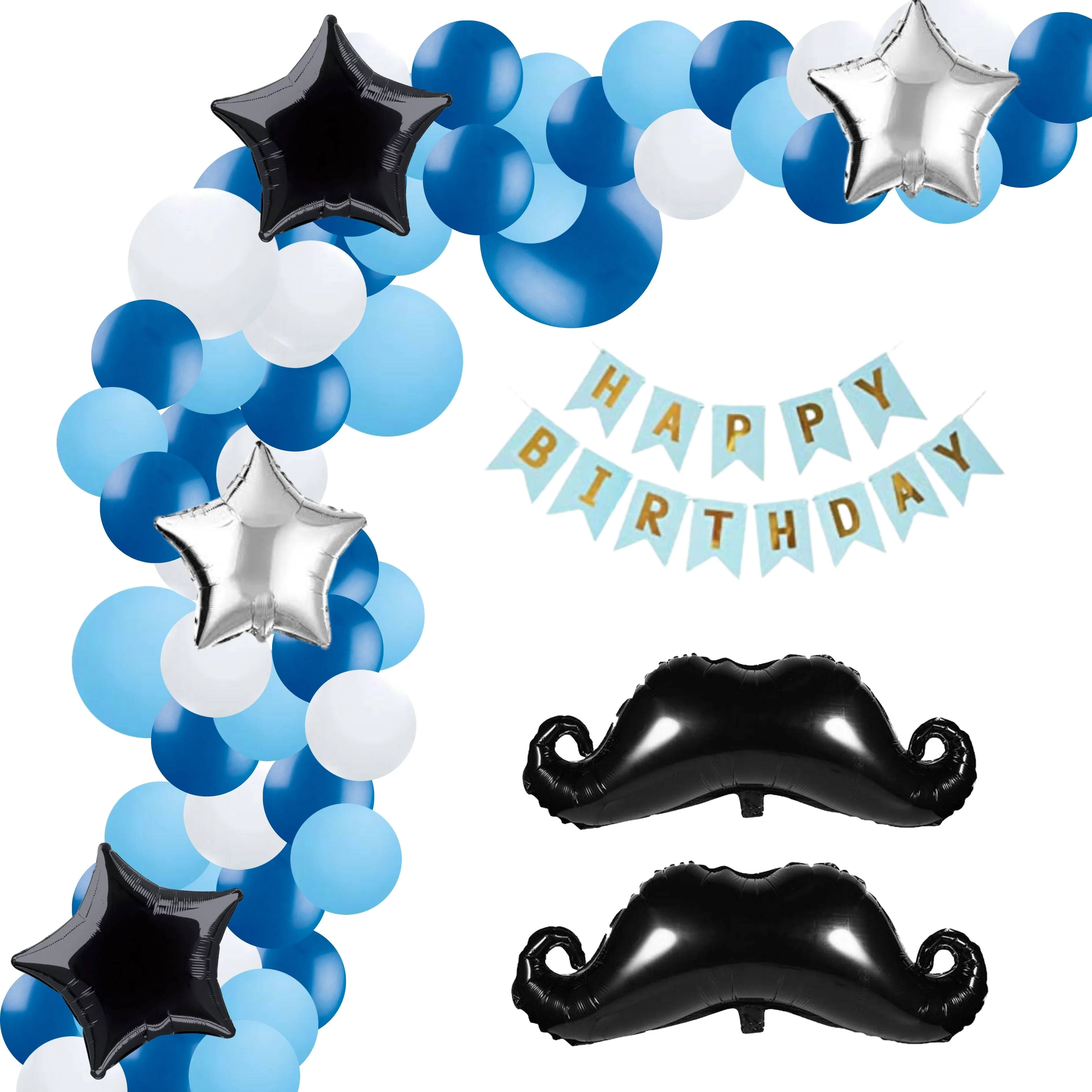 Moustache Theme Birthday Balloon Decoration DIY Kit (69Pcs) - Premium Handcrafted 300 GSM Party Supply by Party Decor Mall India - View 1