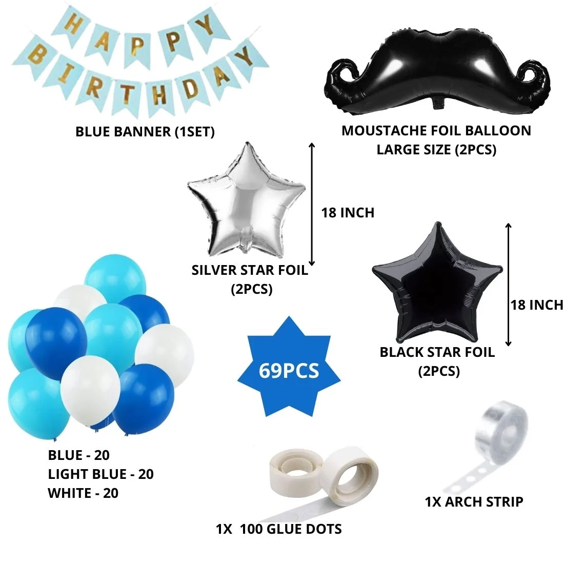 Moustache Theme Birthday Balloon Decoration DIY Kit (69Pcs) - Premium Handcrafted 300 GSM Party Supply by Party Decor Mall India - View 2