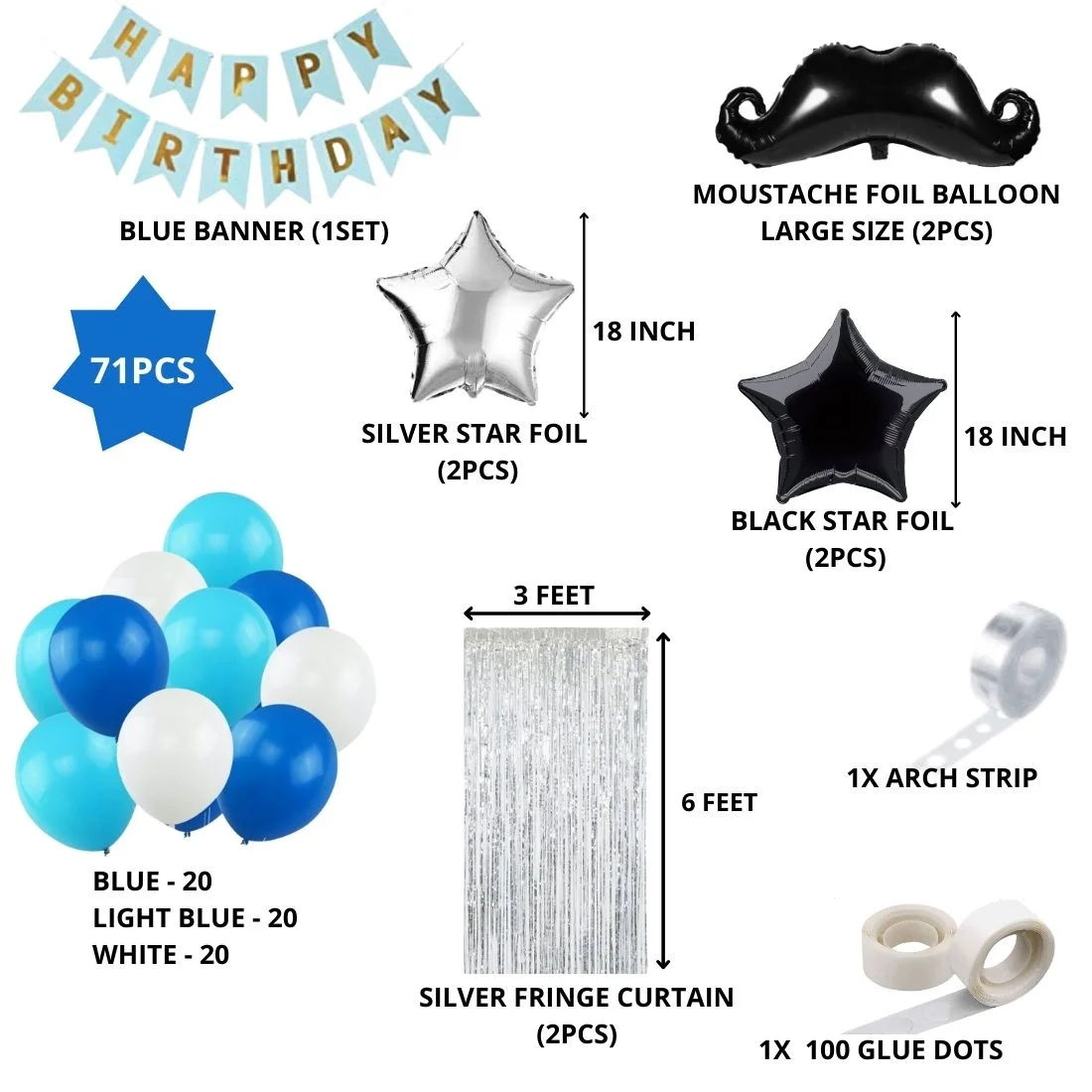 Moustache Theme Birthday Balloon Decoration DIY Kit (71Pcs) - Premium Handcrafted 300 GSM Party Supply by Party Decor Mall India - View 2