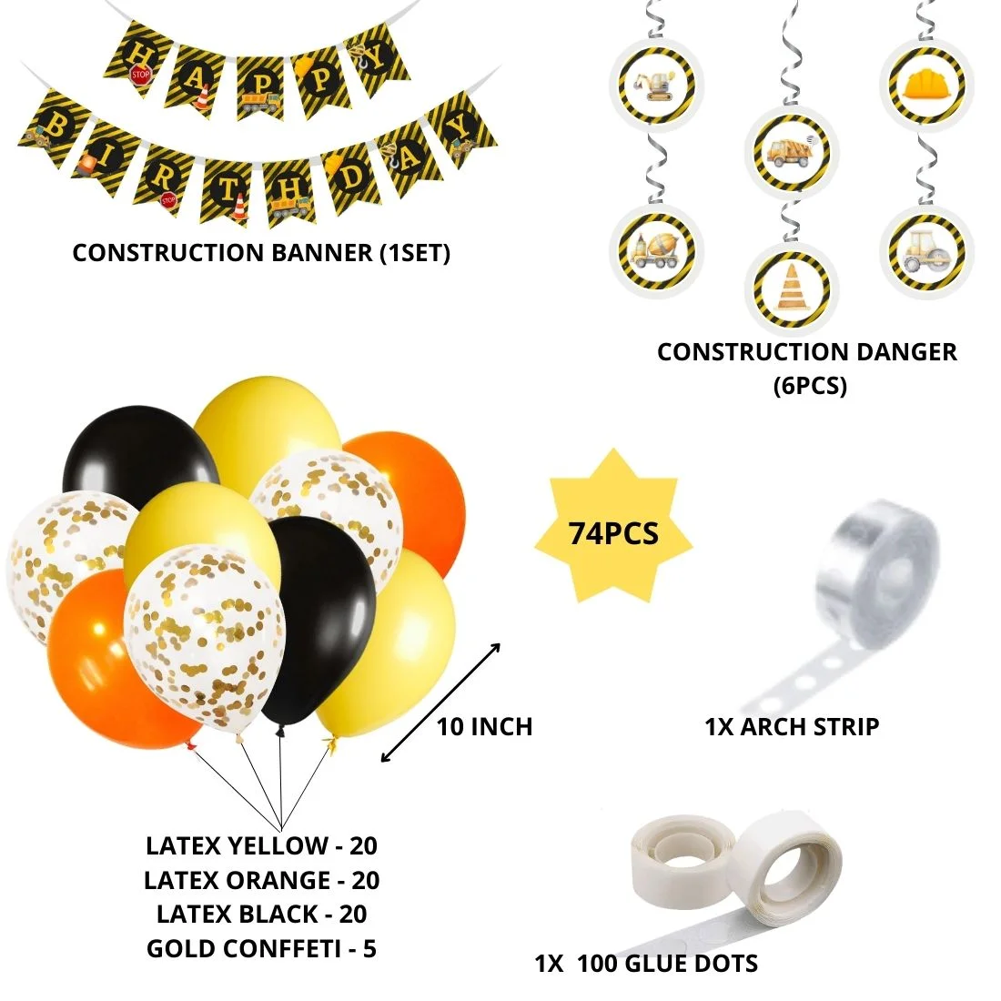 Construction Theme Birthday Balloon Decoration DIY Kit (74Pcs) - Premium Handcrafted 300 GSM Party Supply by Party Decor Mall India - View 2