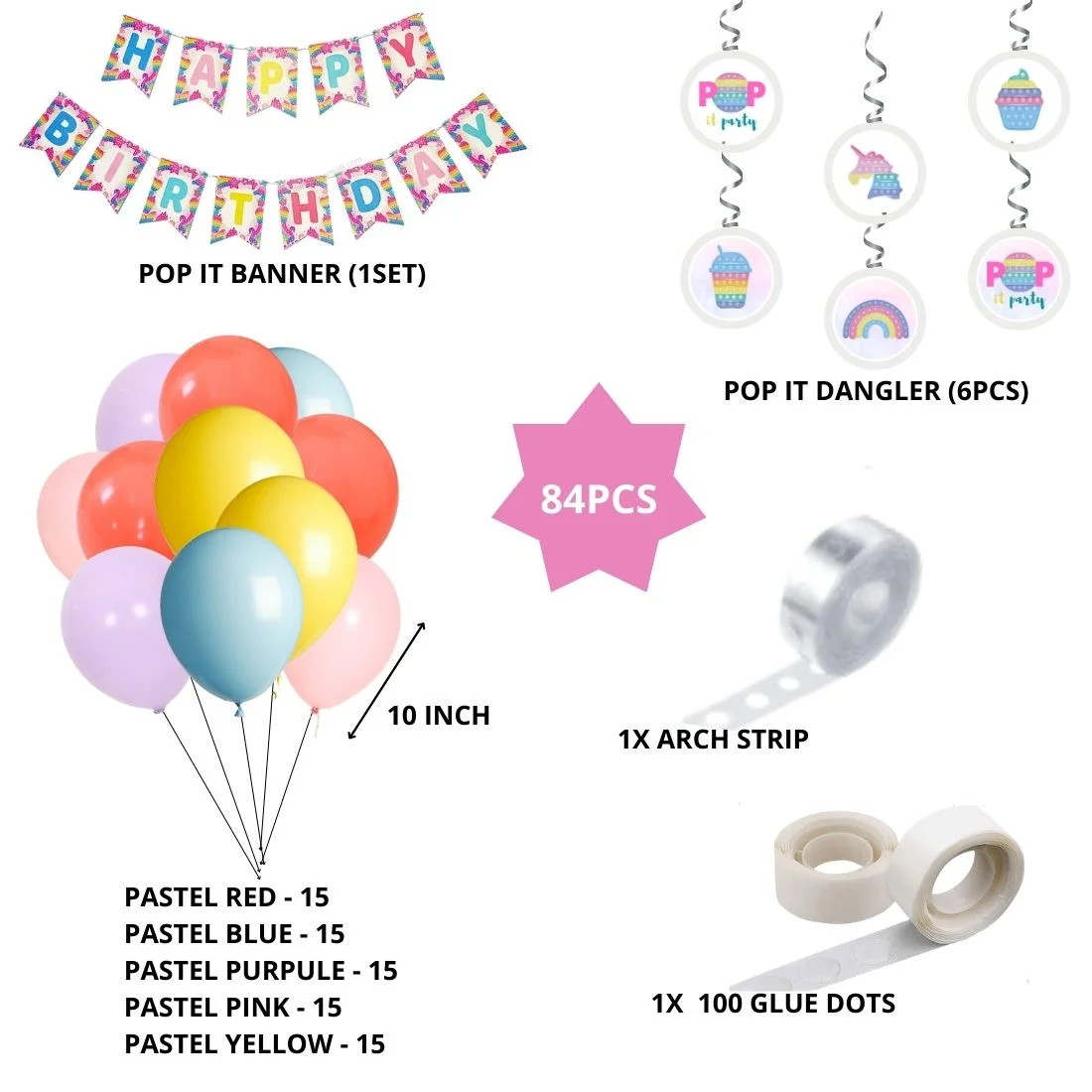 Pop It Birthday Decoration Kit(84Pcs) - Premium Handcrafted 300 GSM Birthday Decoration by Party Decor Mall India - View 2