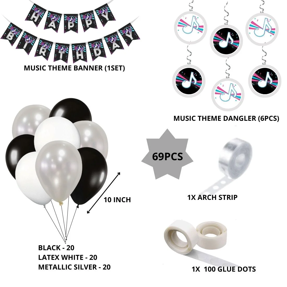 Music Theme Birthday Decoration Kit(69Pcs) - Premium Handcrafted 300 GSM Birthday Decoration by Party Decor Mall India - View 2