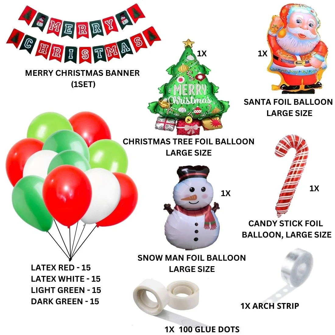 Merry Christmas Decoration DIY KIT - Merry Christmas Banner, Red White Light Green & Dark Green Balloons - Premium Handcrafted 300 GSM Balloons by Party Decor Mall India - View 2