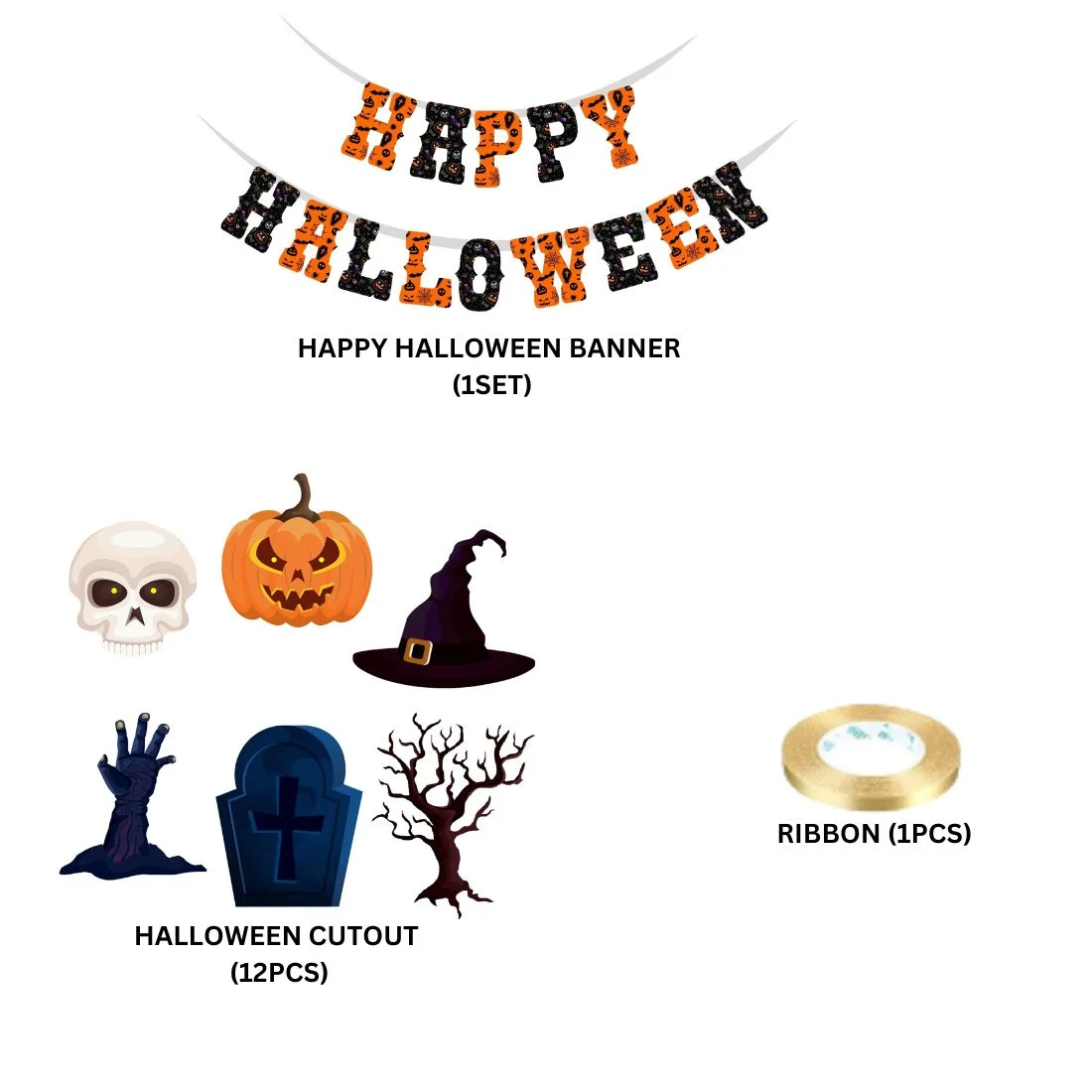 Halloween Banner and Cutout - ( 26 Pcs) Material-Cardstock (6 inches/250 GSM Cardstock/Orange, Black, White, Blue, Brown) - Premium Handcrafted 300 GSM Paper Cutouts by Party Decor Mall India - View 2