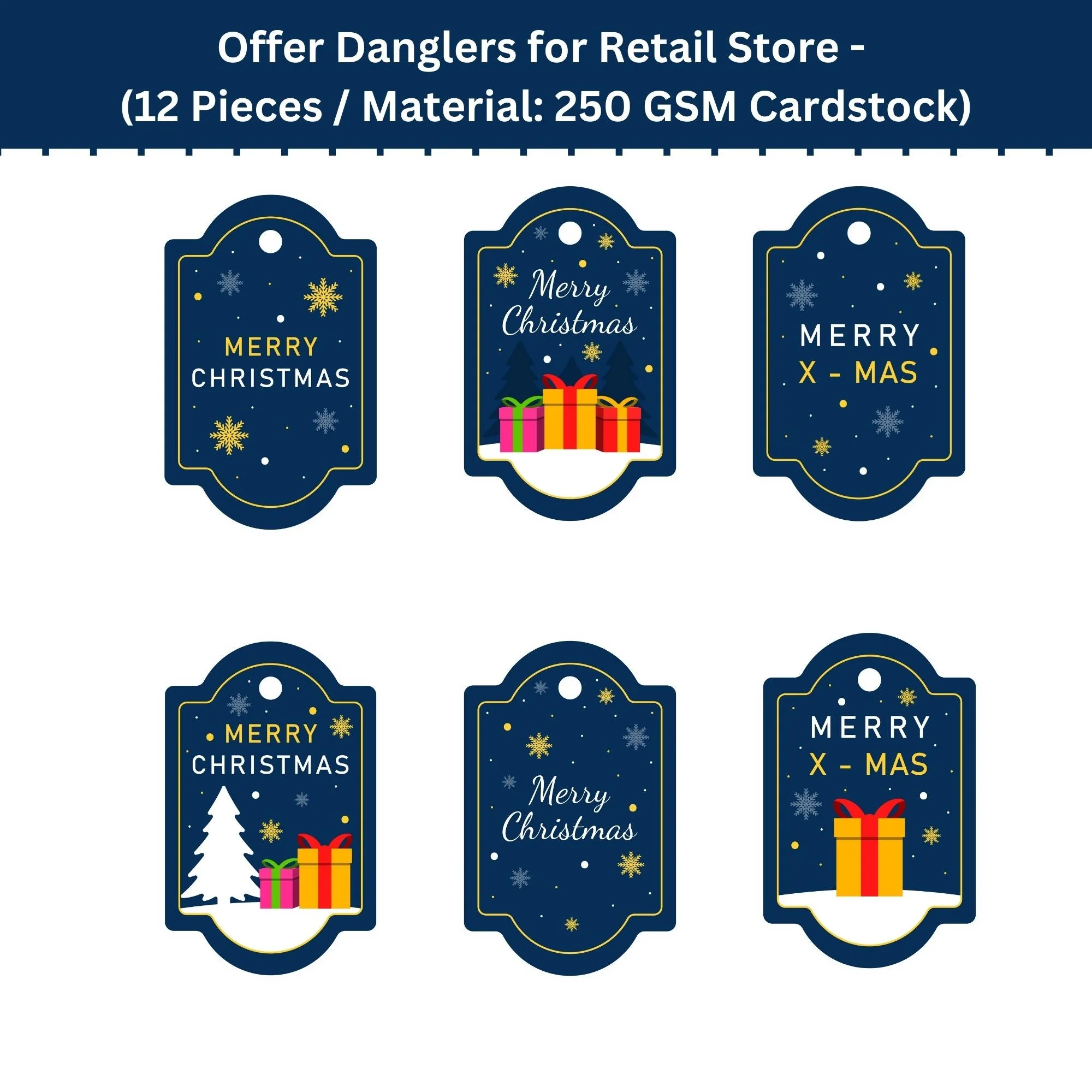 Merry Christmas Dangler/Bunting for showrooms/outlets (6 Inches per card/250 GSM Cardstock/Blue, White, Red, Pink, Yellow/12) - Premium Handcrafted 300 GSM Buntings by Party Decor Mall India - View 2