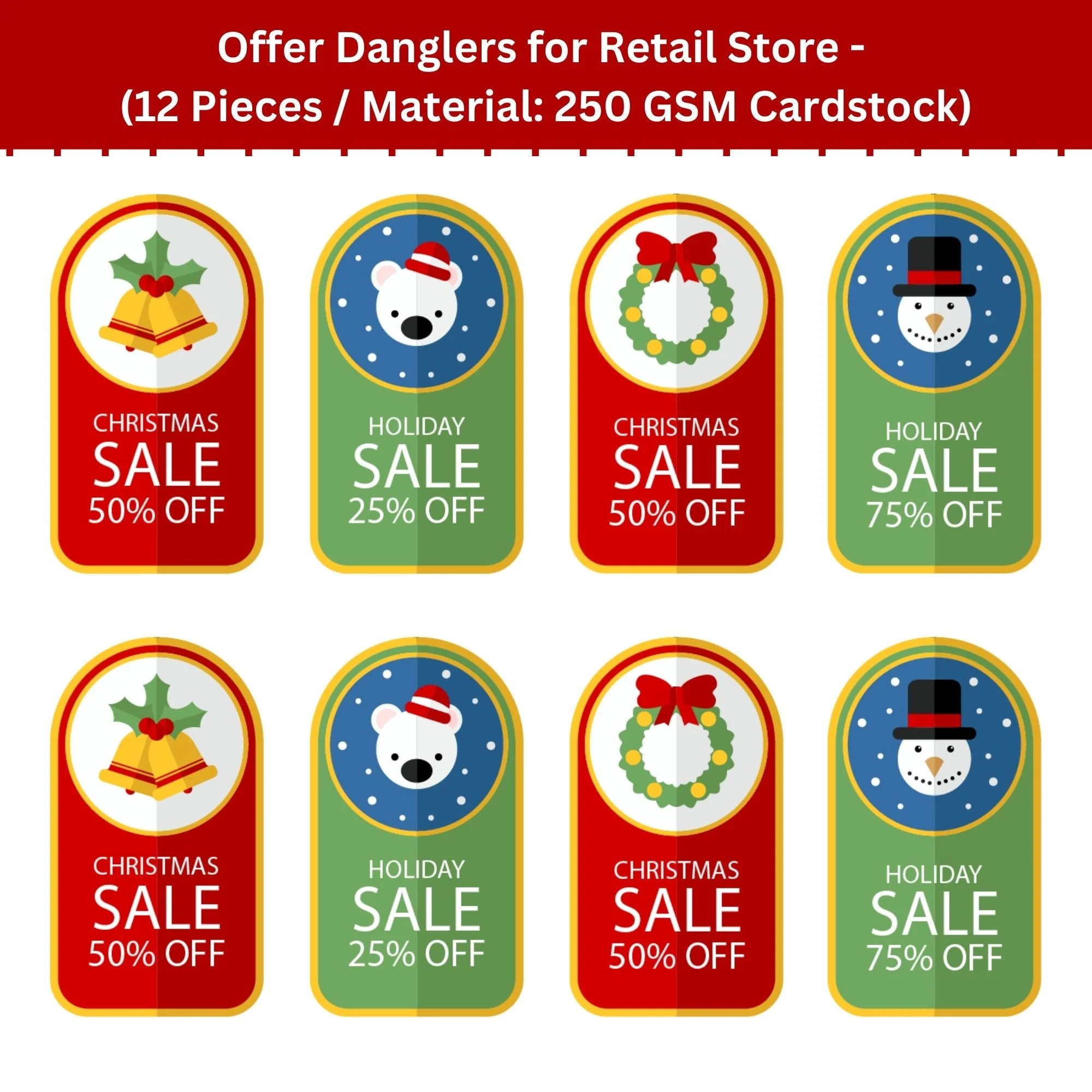 Merry Christmas Dangler/Bunting for showrooms/outlets (6 Inches per card/250 GSM Cardstock/Multicolour/12) - Premium Handcrafted 300 GSM Buntings by Party Decor Mall India - View 2