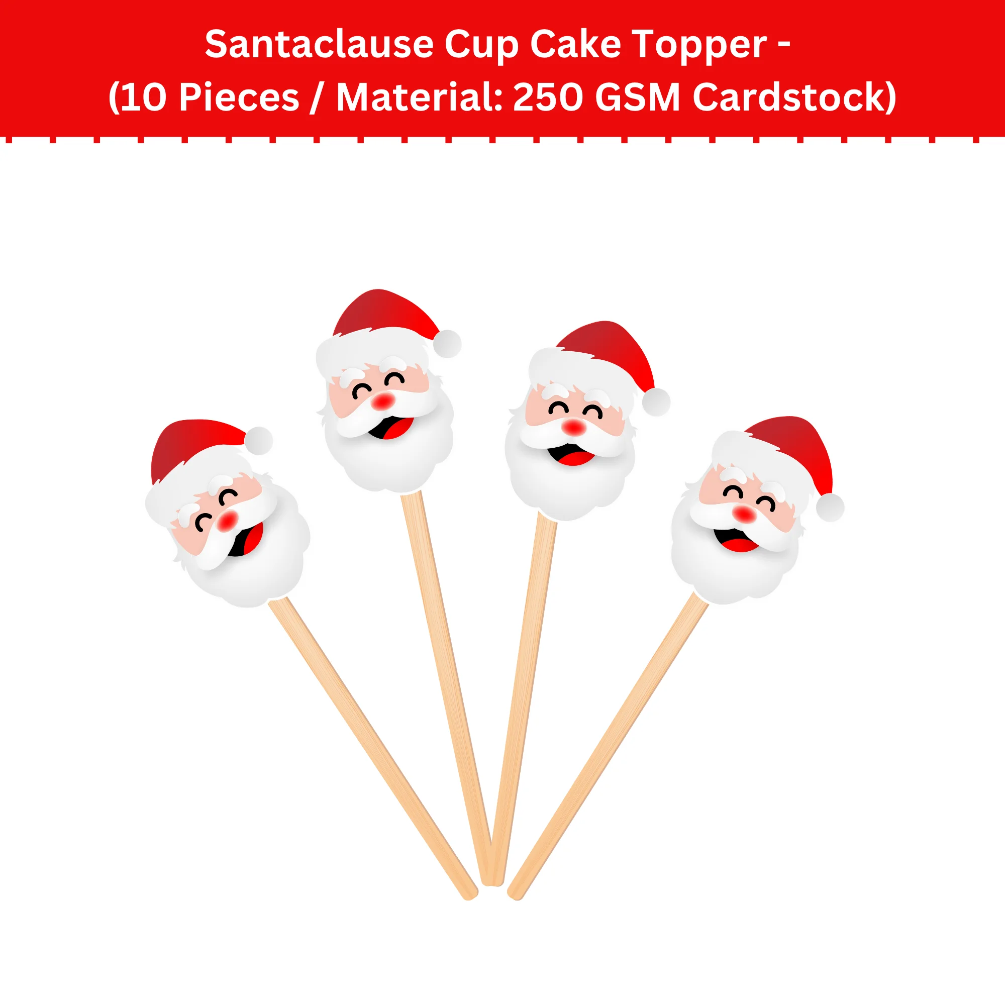 Christmas Santa CupCake Topper (2.5 Inches per card/250 GSM Cardstock/Red, White/10)