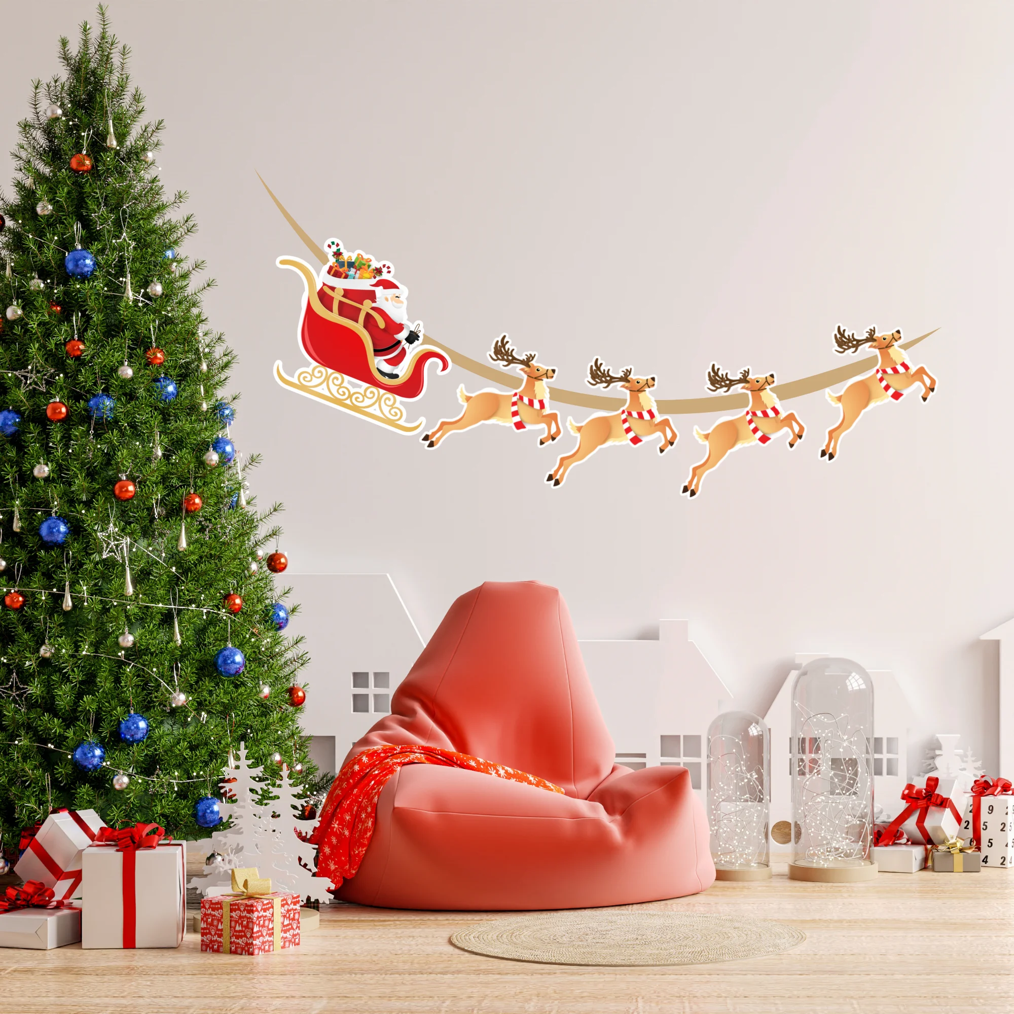 Santa Claus and Reindeer Bunting for Christmas (6 Inches/250 GSM Cardstock/Red, Brown/8 Pcs) - Premium Handcrafted 300 GSM Buntings by Party Decor Mall India - View 1