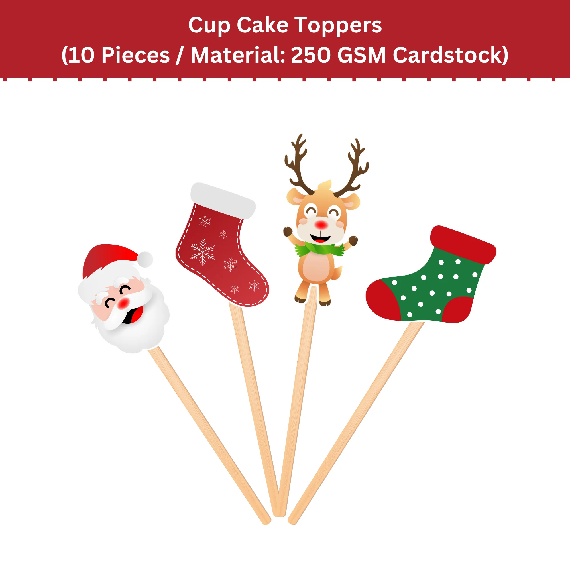 Christmas CupCake Topper (6 Inches/2.5 Inches/250 GSM Cardstock/Assorted/10 Pieces) - Premium Handcrafted 300 GSM Cake Topper by Party Decor Mall India - View 2