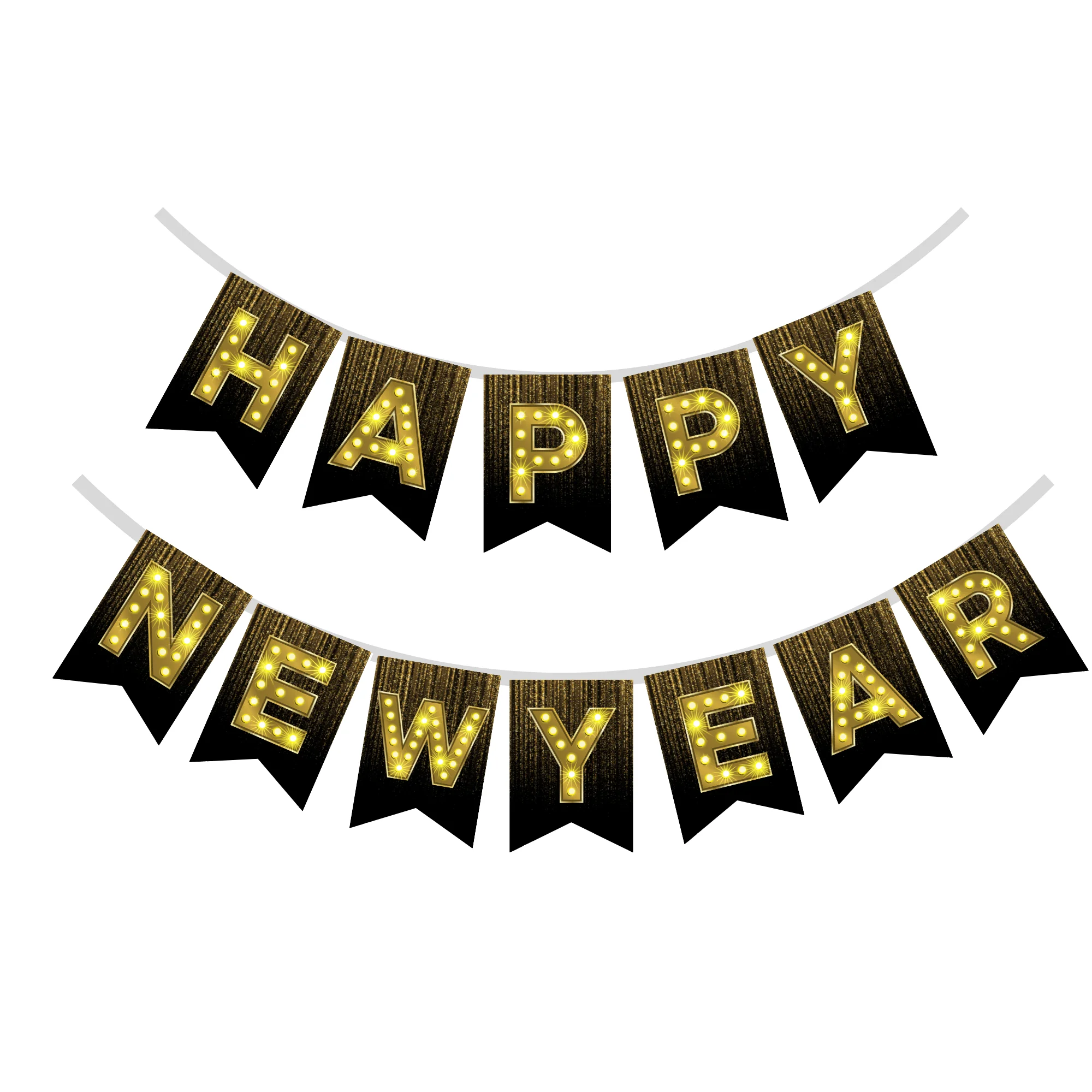 Happy New Year Banner 2 (6 Inches/250 GSM Cardstock/Black, Yellow, golden Printed/12 Pieces) - Premium Handcrafted 300 GSM Party Supply by Party Decor Mall India - View 1