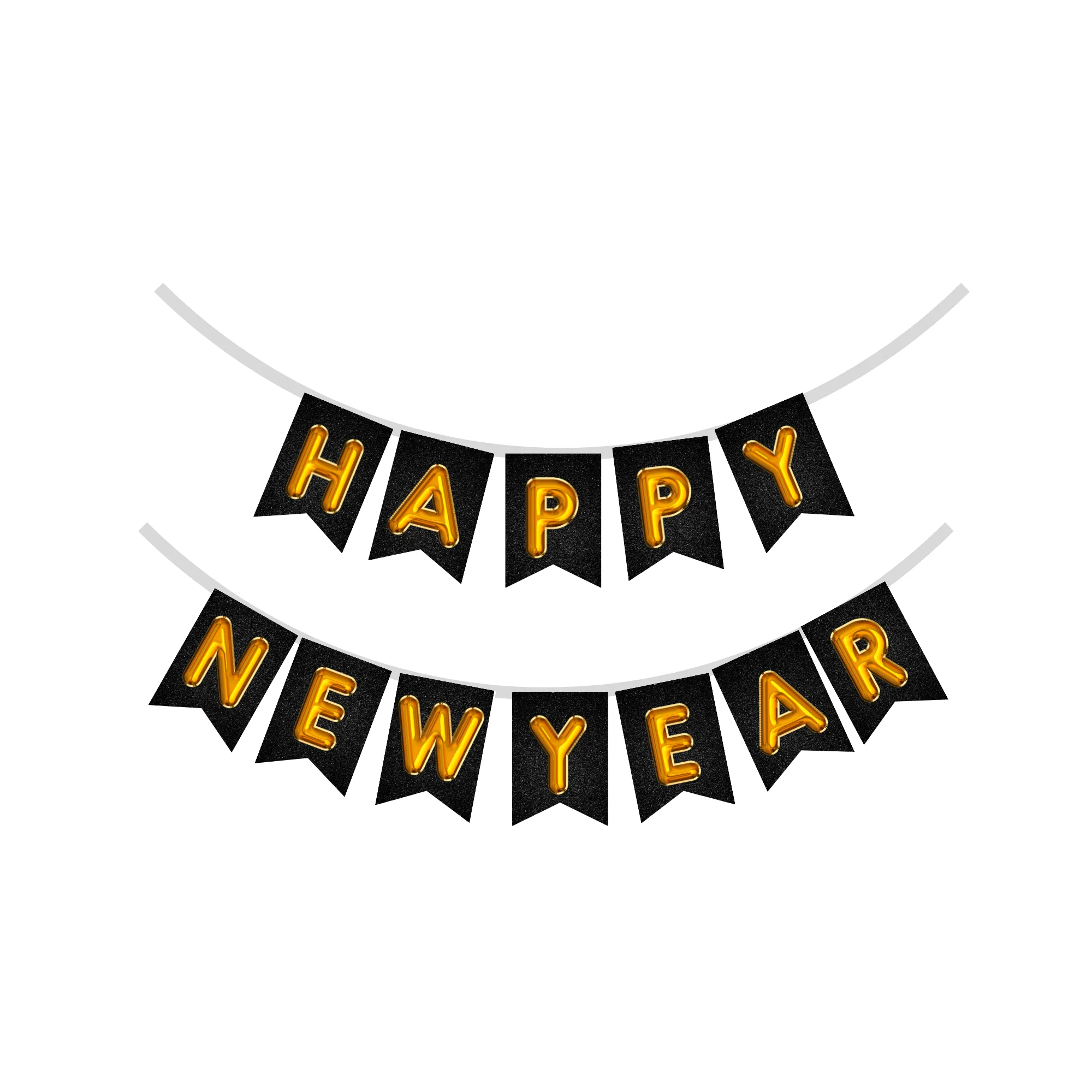 Happy New Year Banner 1 (6 Inches/250 GSM Cardstock/Black, Yellow, golden Printed/12 Pieces) - Premium Handcrafted 300 GSM Party Supply by Party Decor Mall India - View 1