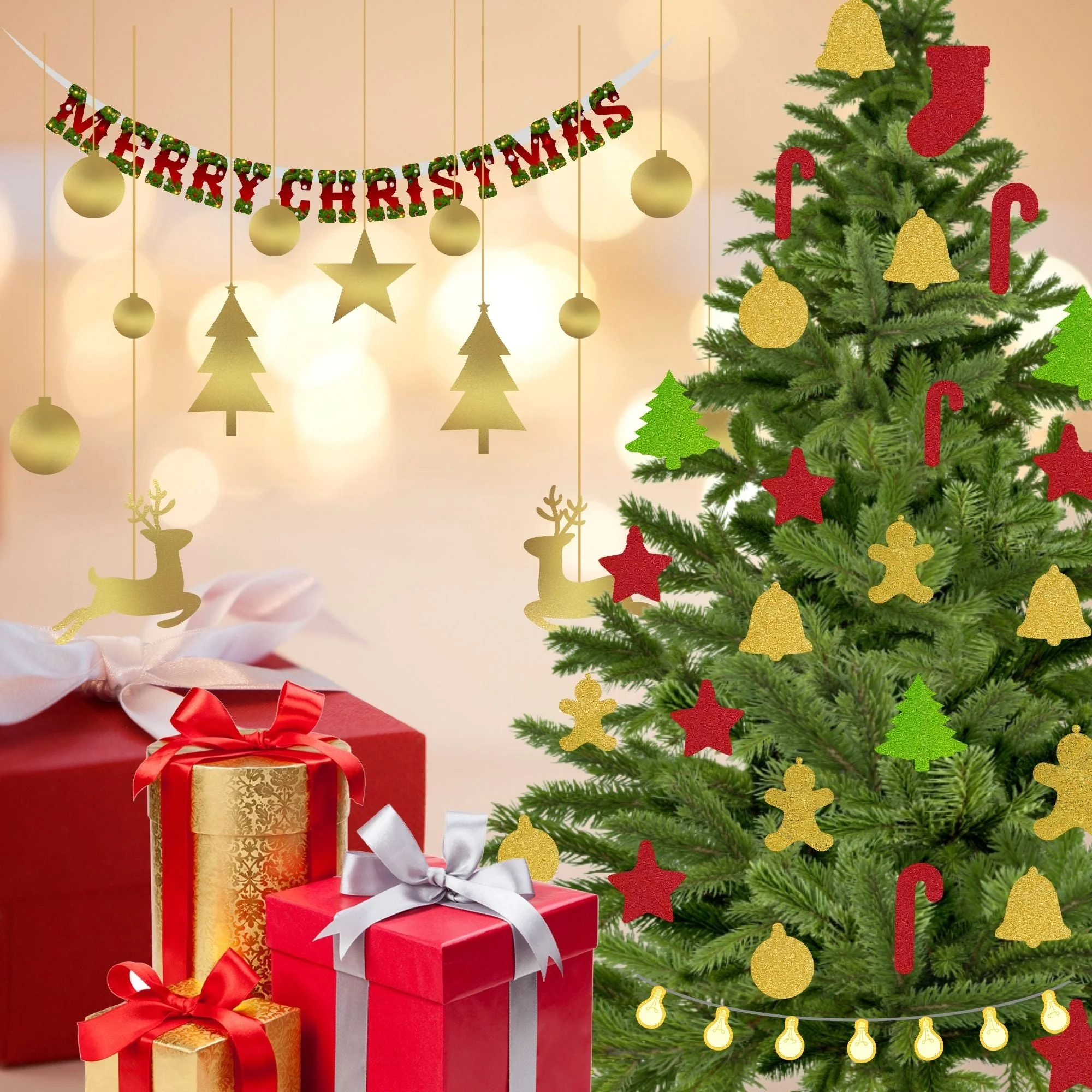 Merry Christmas Decoration Kit (5 Inches / 250 GSM Card Stock / Red, Green, Gold / 51 Pcs) - Premium Handcrafted 300 GSM Party Supply by Party Decor Mall India - View 1