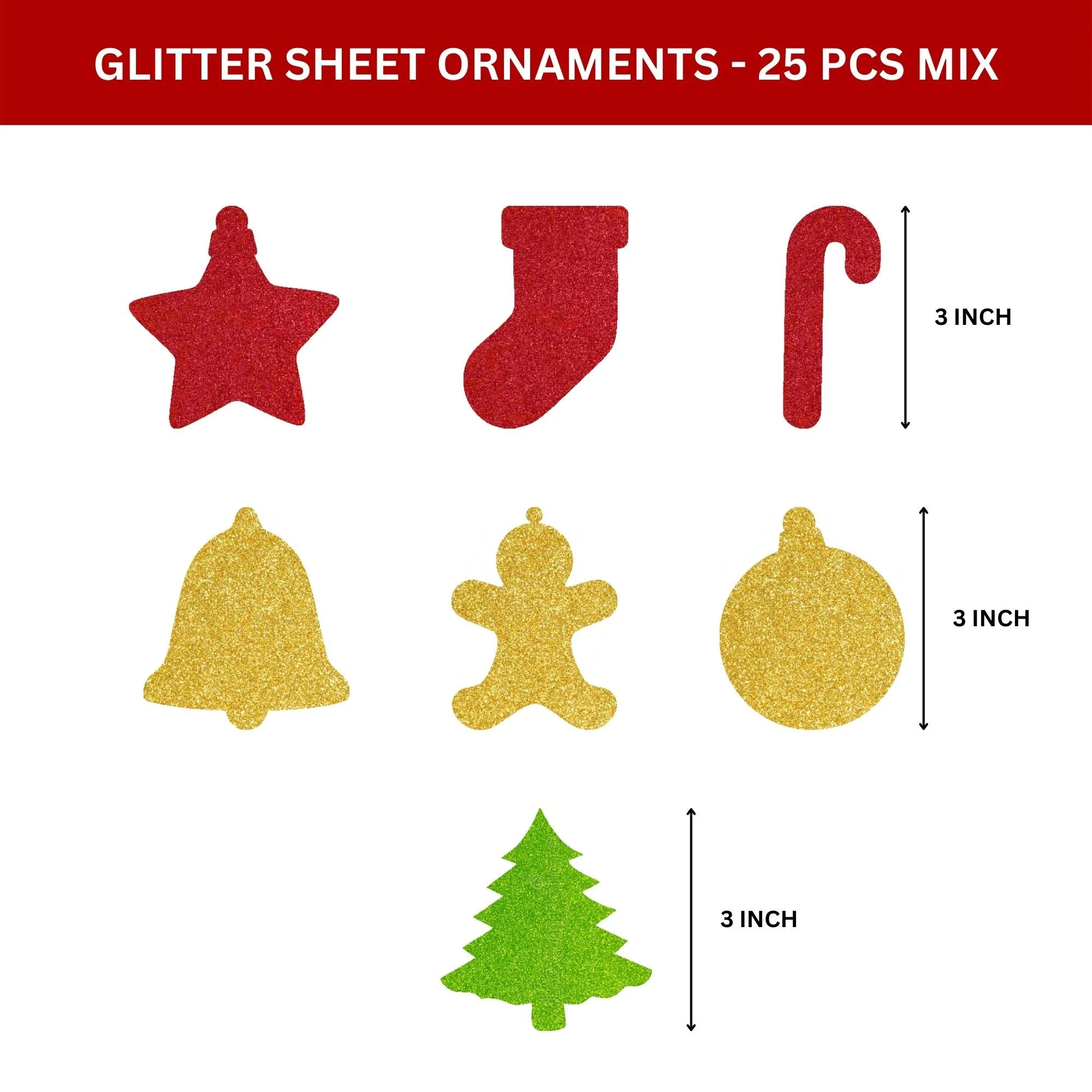 Merry Christmas Decoration Kit (5 Inches / 250 GSM Card Stock / Red, Green, Gold / 51 Pcs) - Premium Handcrafted 300 GSM Party Supply by Party Decor Mall India - View 2