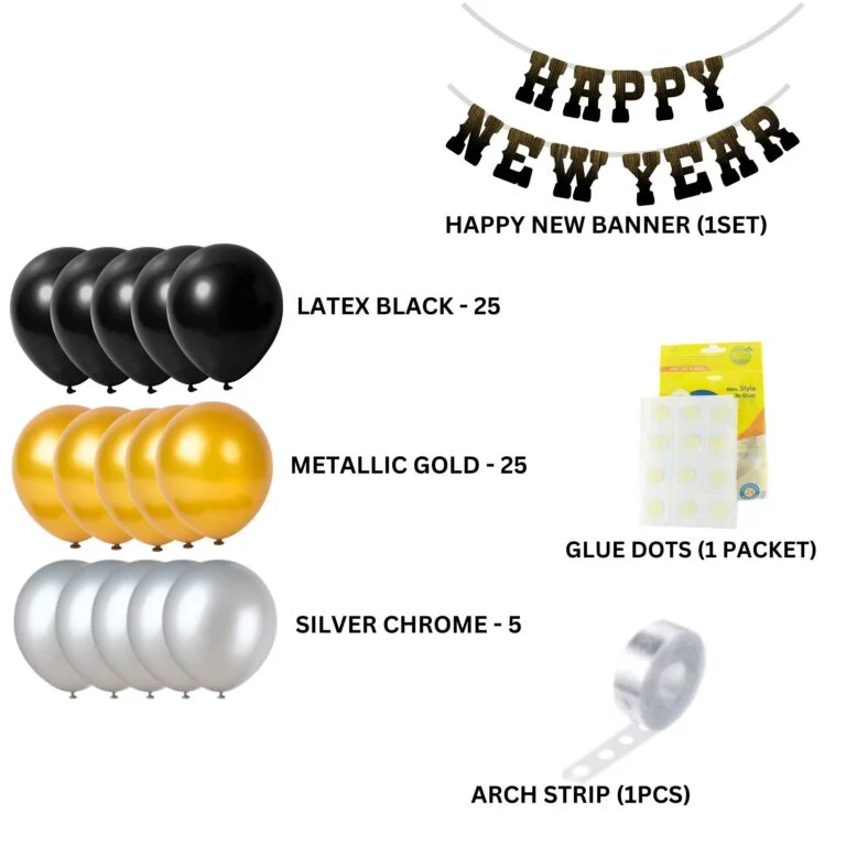 Happy New Year Decoration Kits- (10 Inches/Latex/Black, Metallic Gold, Silver Chrome/69 Pcs) - Premium Handcrafted 300 GSM Party Supply by Party Decor Mall India - View 2