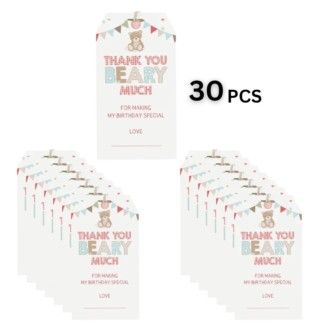 Teddy Bear Theme Birthday Favour Tags (2 x 3.5 inches/250 GSM Cardstock/Multicolour/30Pcs) - Premium Handcrafted 300 GSM Thank You Cards by Party Decor Mall India - View 3