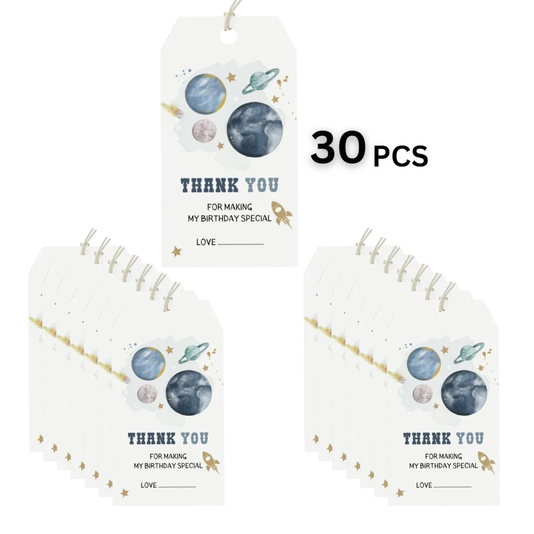 Space Theme Birthday Favour Tags (2 x 3.5 inches/250 GSM Cardstock/Blue, White, Gold/30Pcs) - Premium Handcrafted 300 GSM Thank You Cards by Party Decor Mall India - View 3