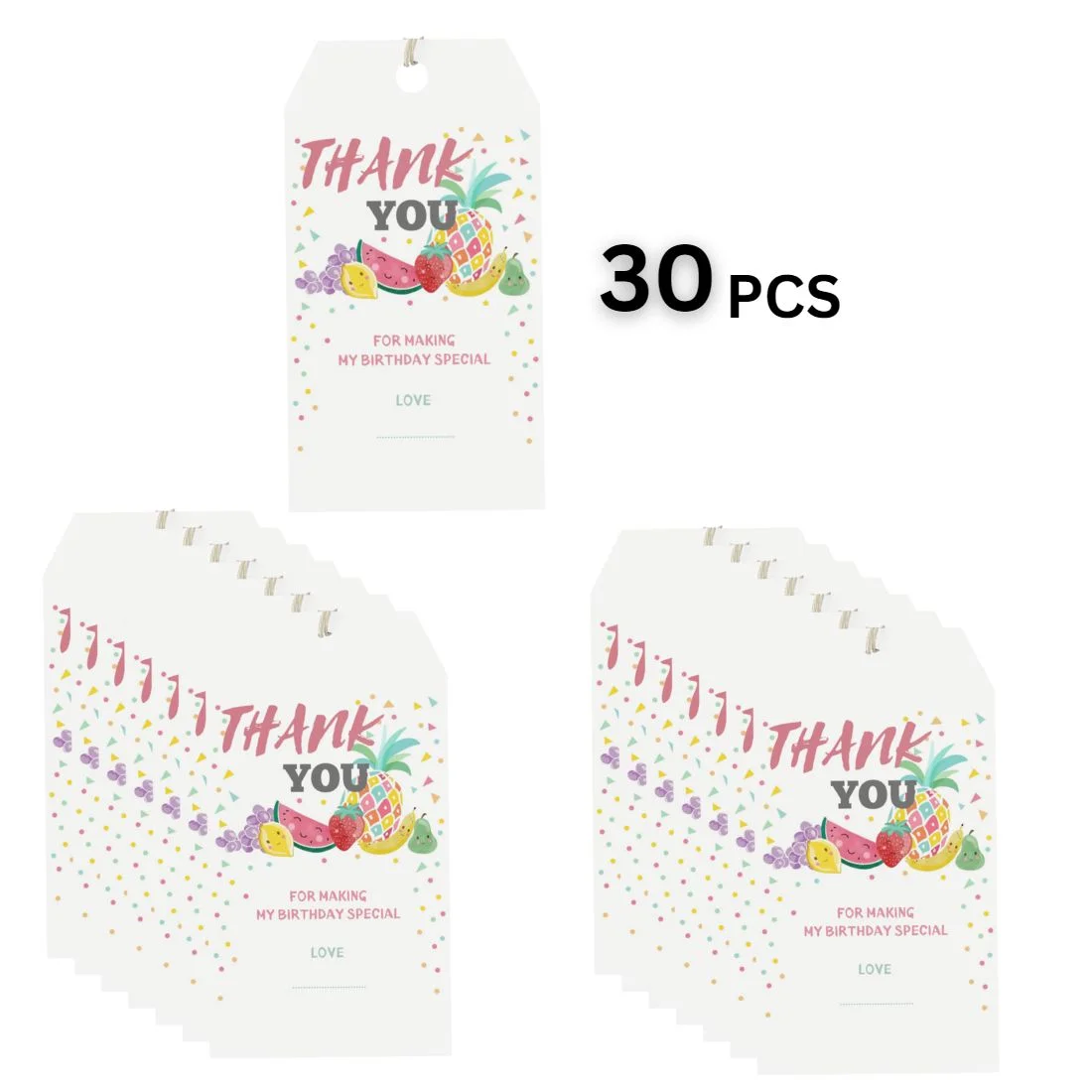 Fruits Theme Birthday Favour Tags (2 x 3.5 inches/250 GSM Cardstock/Multicolour/30Pcs) - Premium Handcrafted 300 GSM Thank You Cards by Party Decor Mall India - View 3