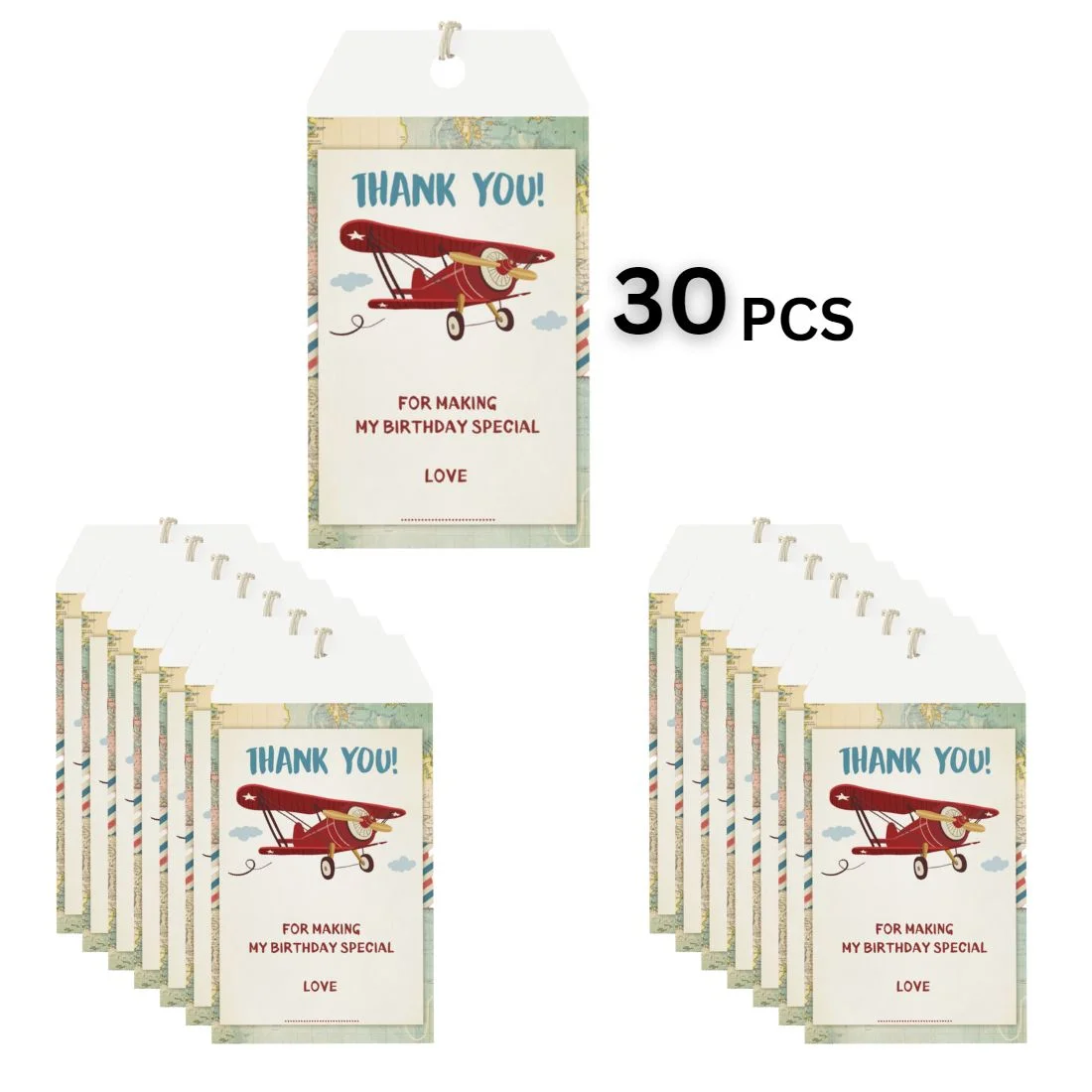 Aeroplane Theme Birthday Favour Tags (2 x 3.5 inches/250 GSM Cardstock/Multicolour/30Pcs) - Premium Handcrafted 300 GSM Thank You Cards by Party Decor Mall India - View 3