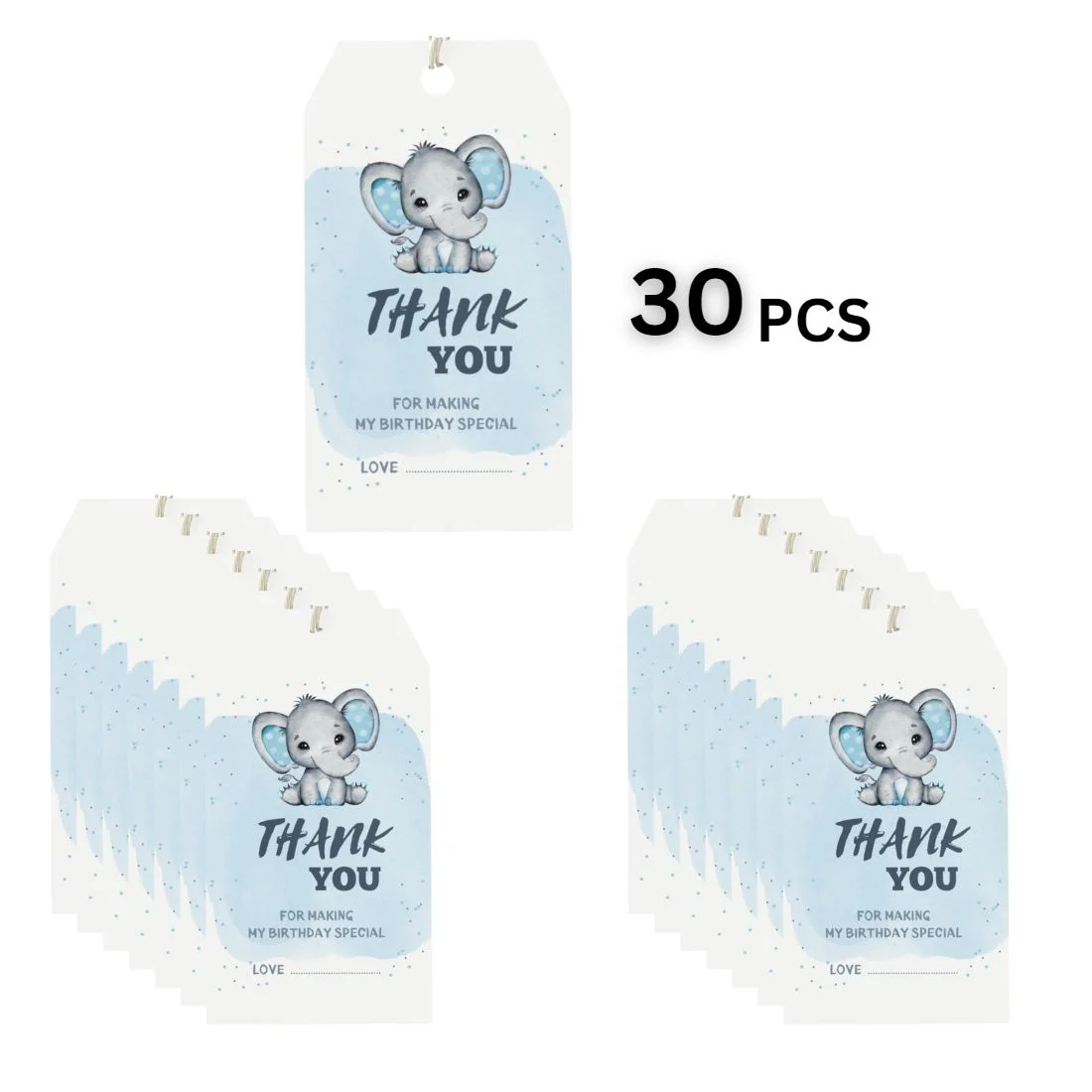 Baby Elephant Boy Theme Birthday Favour Tags (2 x 3.5 inches/250 GSM Cardstock/White, Blue, Grey, Black/30Pcs) - Premium Handcrafted 300 GSM Thank You Cards by Party Decor Mall India - View 3
