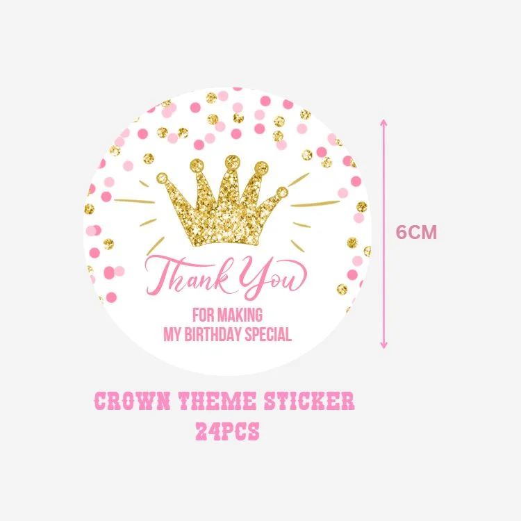 Crown Theme- Return Gift/birthday decor Thankyou Sticker (6 CM/Sticker/Pink, Gold, White/24Pcs) - Premium Handcrafted 300 GSM Return Gift Label Stickers by Party Decor Mall India - View 2