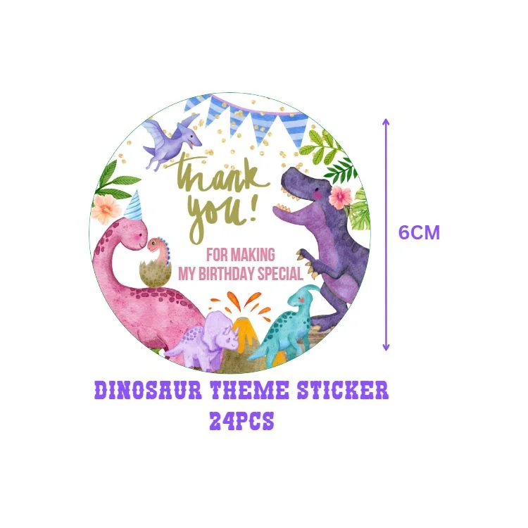 Dinosaur Theme Model 2- Return Gift/birthday decor Thankyou Sticker (6 CM/Sticker/Mixcolour/24Pcs) - Premium Handcrafted 300 GSM Return Gift Label Stickers by Party Decor Mall India - View 2
