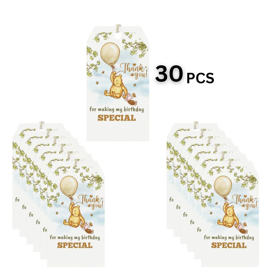 Winnie The Pooh Theme Birthday Favour Tags (2 x 3.5 inches/250 GSM Cardstock/Green, Brown, Light blue, White/30Pcs) - Premium Handcrafted 300 GSM Thank You Cards by Party Decor Mall India - View 3