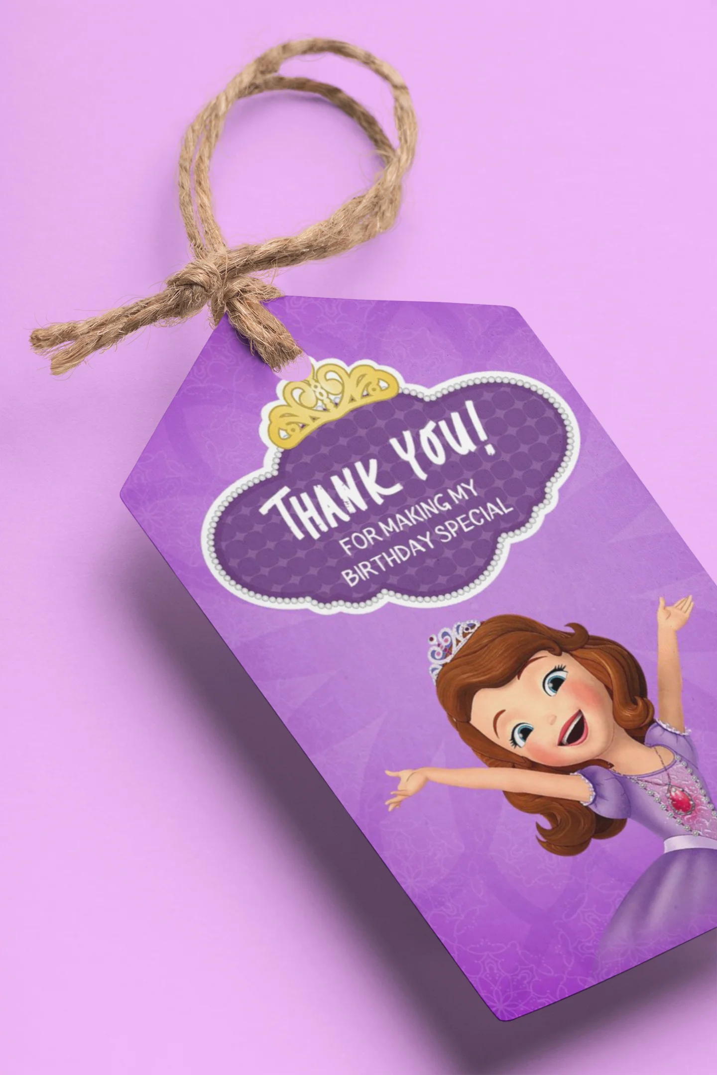 Sofia Theme Birthday Favour Tags (2 x 3.5 inches/250 GSM Cardstock/Brown, purple, white, yellow/30Pcs) - Premium Handcrafted 300 GSM Thank You Cards by Party Decor Mall India - View 1