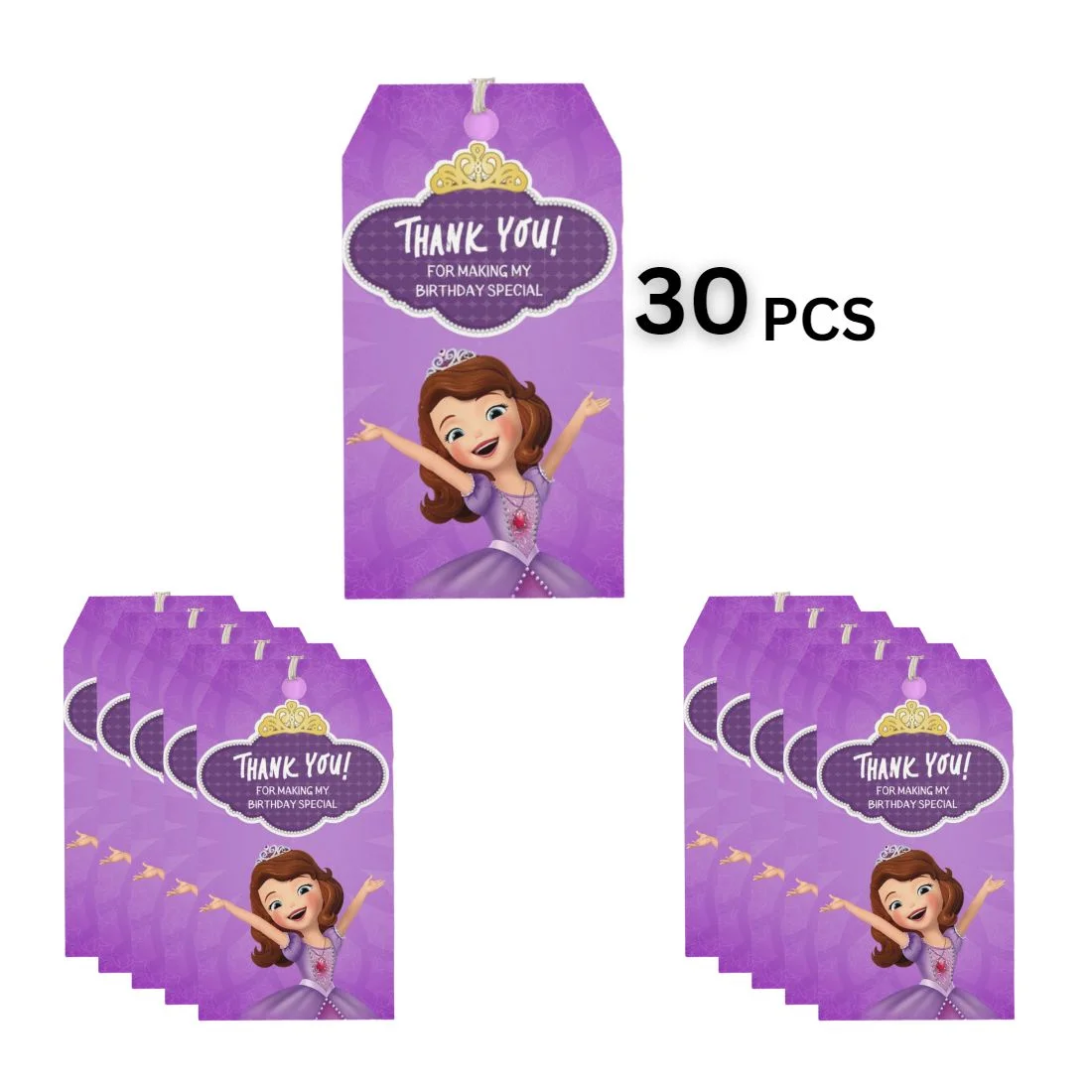 Sofia Theme Birthday Favour Tags (2 x 3.5 inches/250 GSM Cardstock/Brown, purple, white, yellow/30Pcs) - Premium Handcrafted 300 GSM Thank You Cards by Party Decor Mall India - View 3