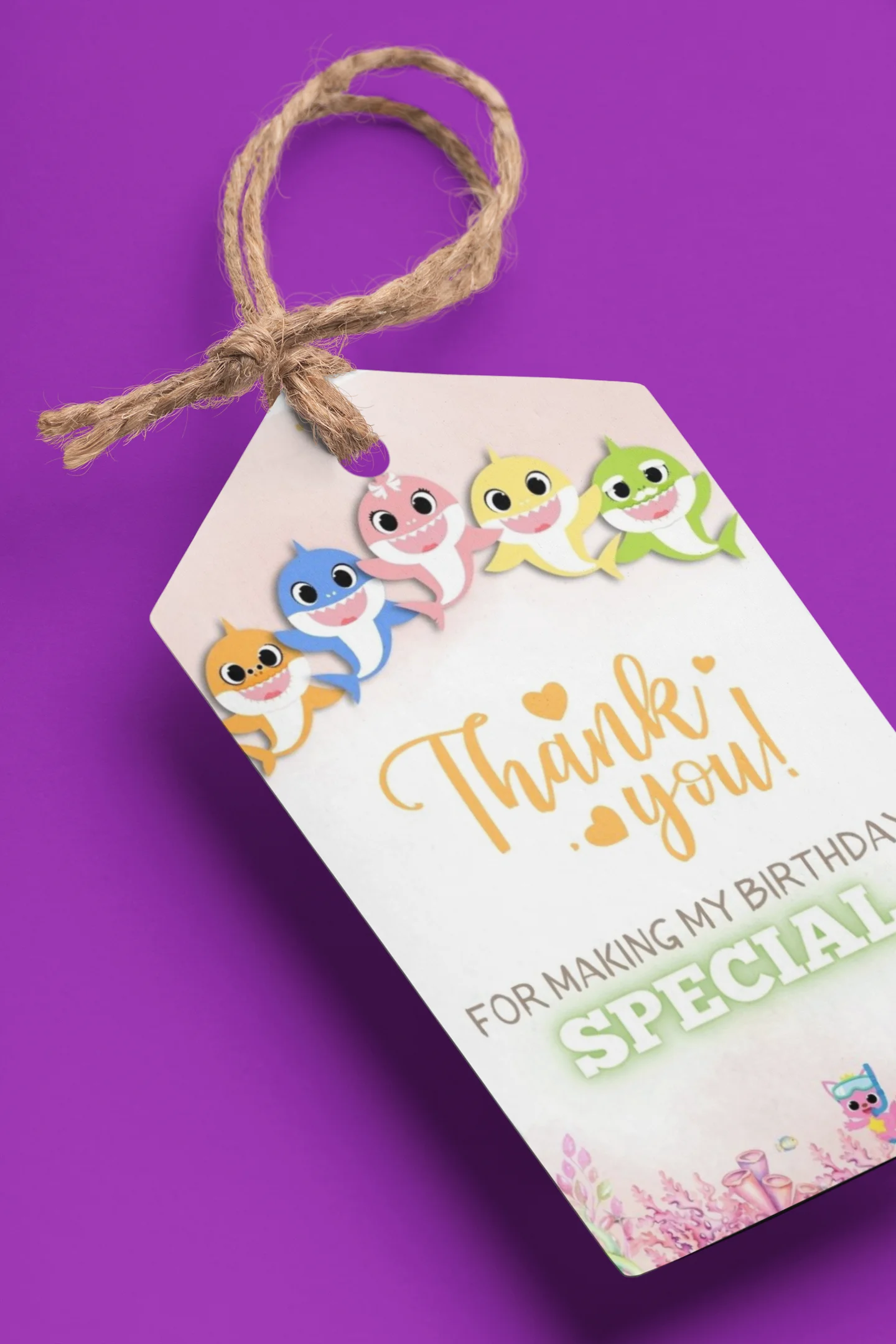 Baby Shark Theme Birthday Favour Tags (2 x 3.5 inches/250 GSM Cardstock/Mixcolour/30Pcs) - Premium Handcrafted 300 GSM Thank You Cards by Party Decor Mall India - View 1