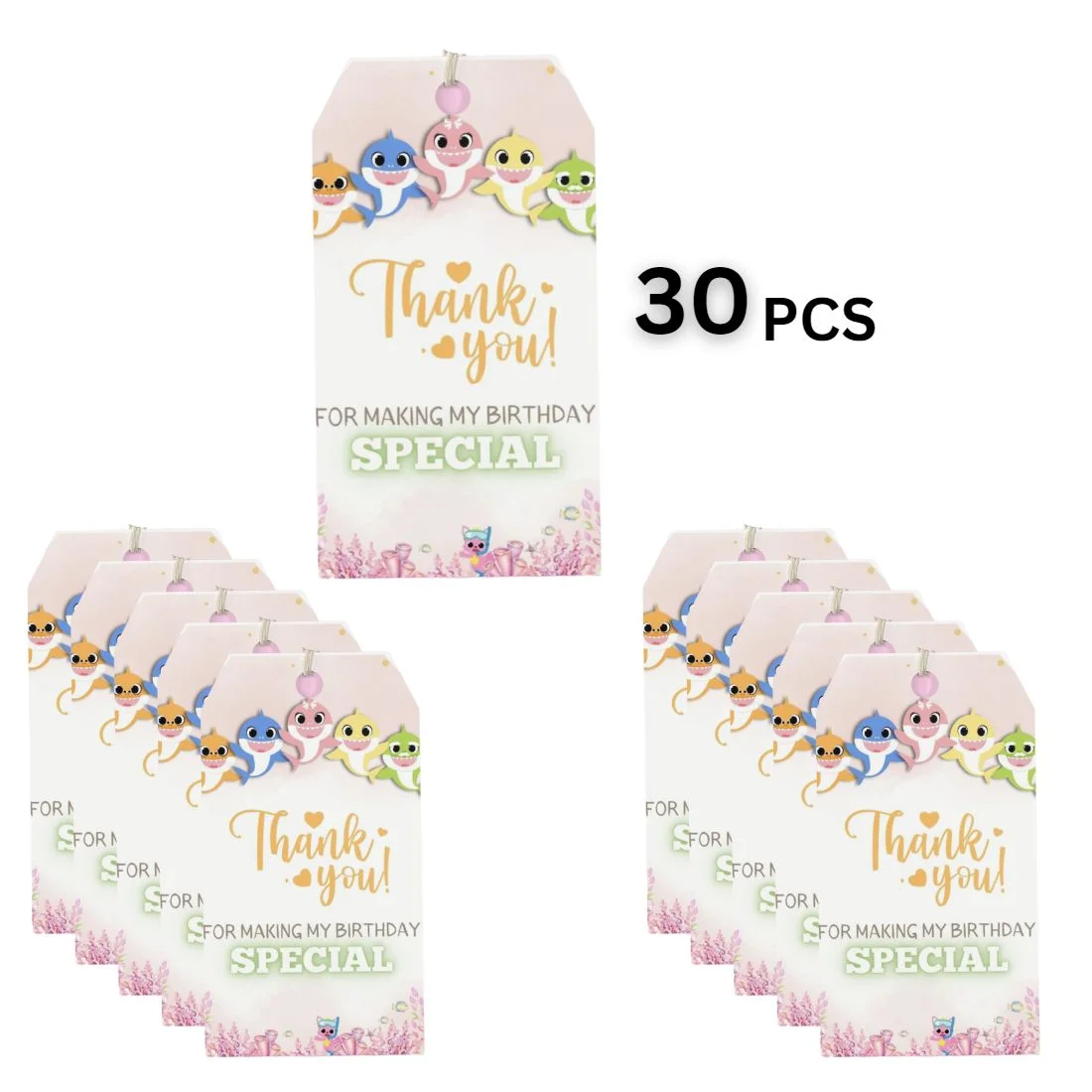 Baby Shark Theme Birthday Favour Tags (2 x 3.5 inches/250 GSM Cardstock/Mixcolour/30Pcs) - Premium Handcrafted 300 GSM Thank You Cards by Party Decor Mall India - View 3