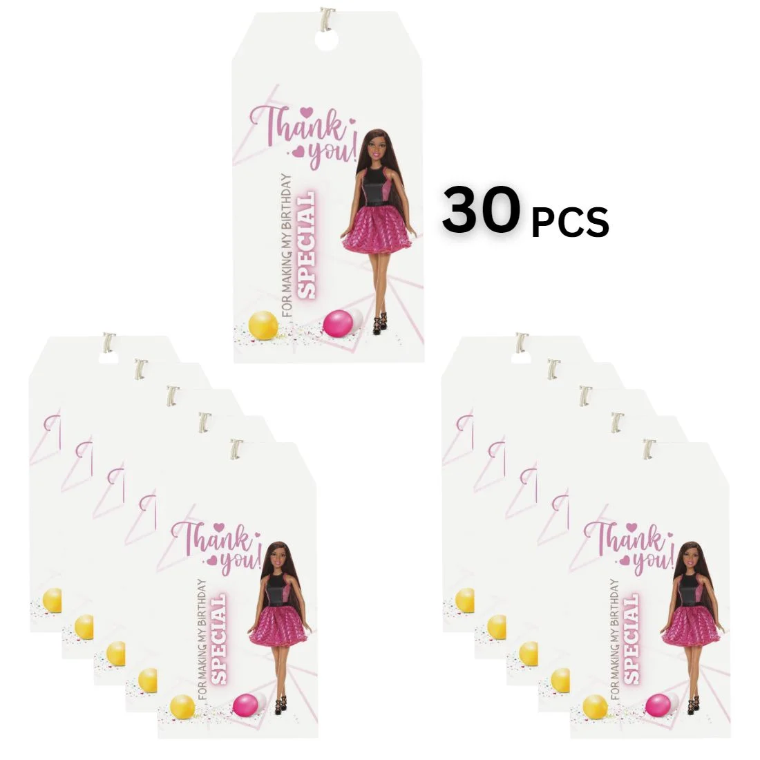 Barbie Black Theme Birthday Favour Tags (2 x 3.5 inches/250 GSM Cardstock/Pink, Black, and White/30Pcs) - Premium Handcrafted 300 GSM Thank You Cards by Party Decor Mall India - View 3