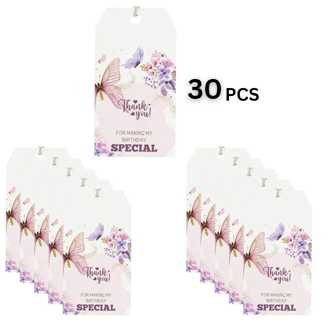 Butterfly Theme Birthday Favour Tags (2 x 3.5 inches/250 GSM Cardstock/Mixcolour/30Pcs) - Premium Handcrafted 300 GSM Thank You Cards by Party Decor Mall India - View 3