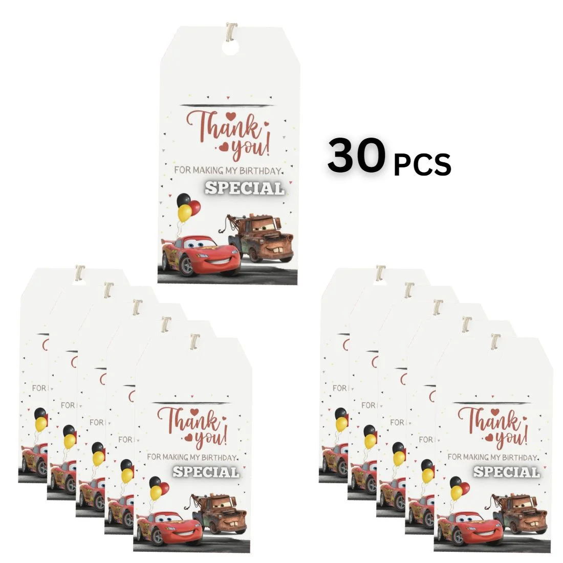 Disney Car Theme Birthday Favour Tags (2 x 3.5 inches/250 GSM Cardstock/Mixcolour/30Pcs) - Premium Handcrafted 300 GSM Thank You Cards by Party Decor Mall India - View 7