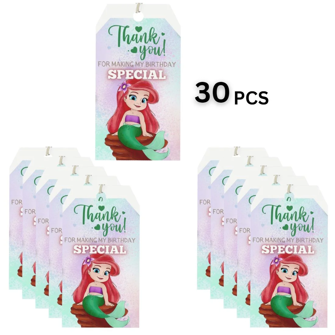 Little Mermaid Theme Birthday Favour Tags (2 x 3.5 inches/250 GSM Cardstock/Mixcolour/30Pcs) - Premium Handcrafted 300 GSM Thank You Cards by Party Decor Mall India - View 2