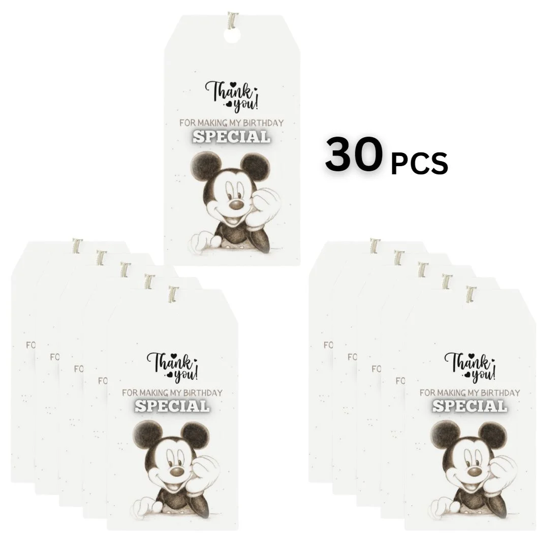 Mickey Mouse Theme Birthday Favour Tags (2 x 3.5 inches/250 GSM Cardstock/Black & White/30Pcs) - Premium Handcrafted 300 GSM Thank You Cards by Party Decor Mall India - View 2