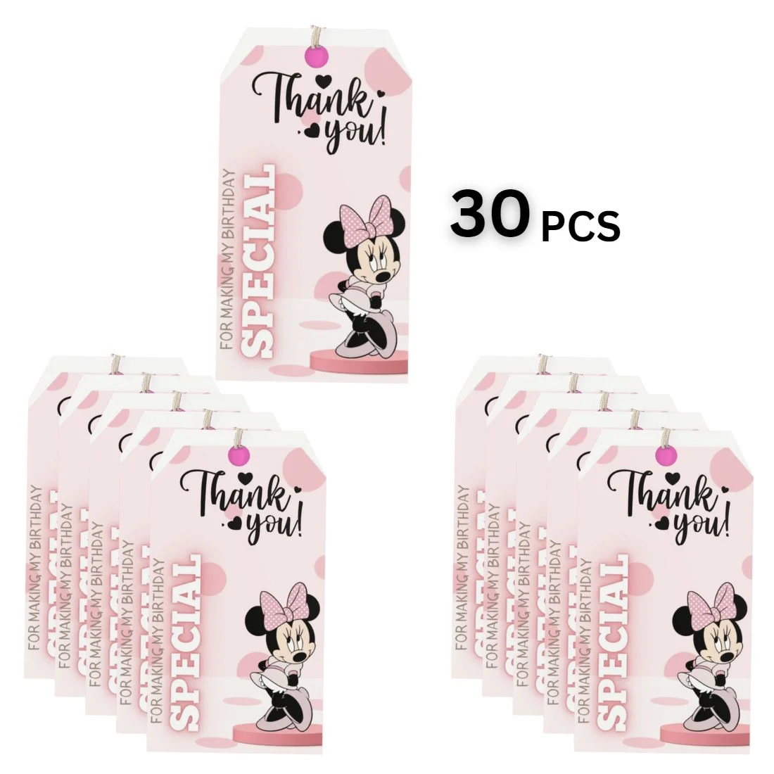 Minnie Theme Birthday Favour Tags (2 x 3.5 inches/250 GSM Cardstock/Mixcolour/30Pcs) - Premium Handcrafted 300 GSM Thank You Cards by Party Decor Mall India - View 3