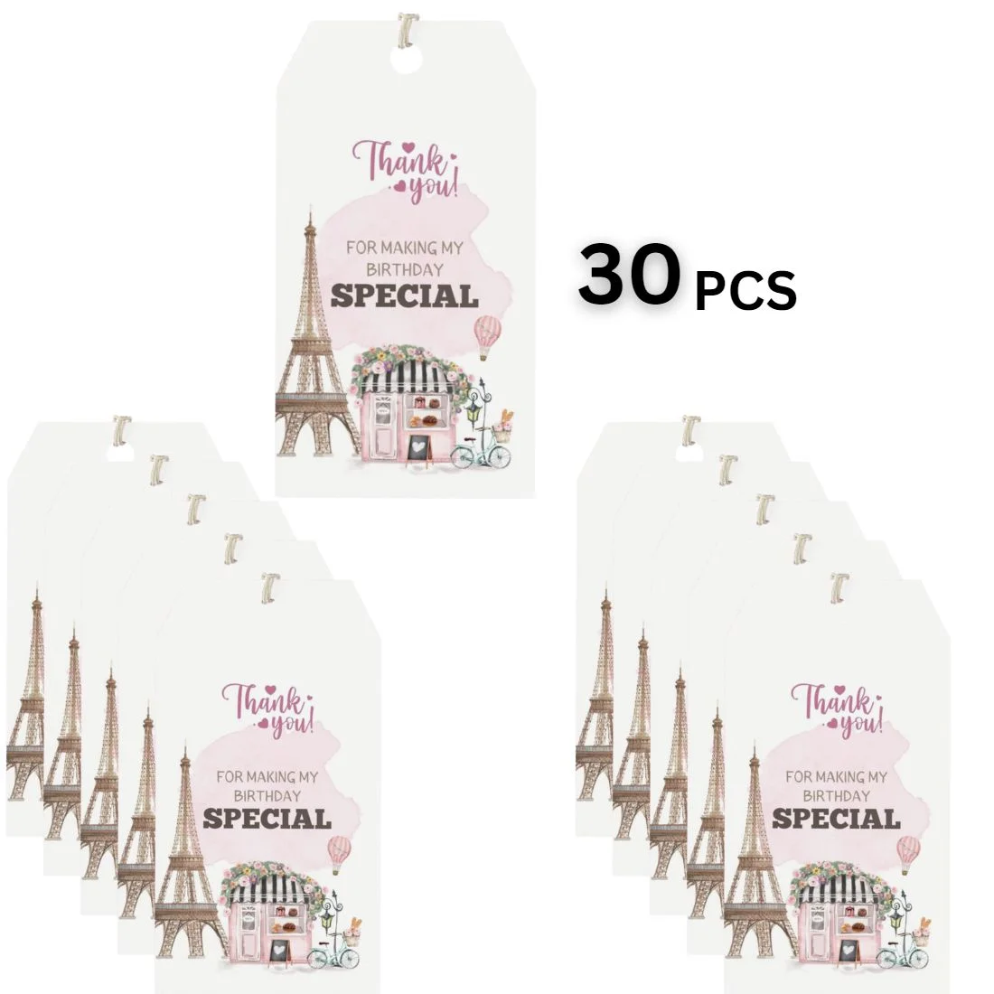 Paris Theme Birthday Favour Tags (2 x 3.5 inches/250 GSM Cardstock/Mixcolour/30Pcs) - Premium Handcrafted 300 GSM Thank You Cards by Party Decor Mall India - View 3