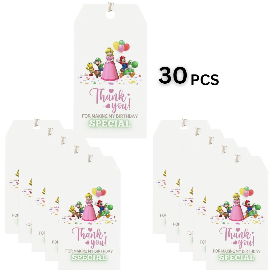 Super Girl And Mario Theme Birthday Favour Tags (2 x 3.5 inches/250 GSM Cardstock/Mixcolour/30Pcs) - Premium Handcrafted 300 GSM Thank You Cards by Party Decor Mall India - View 3