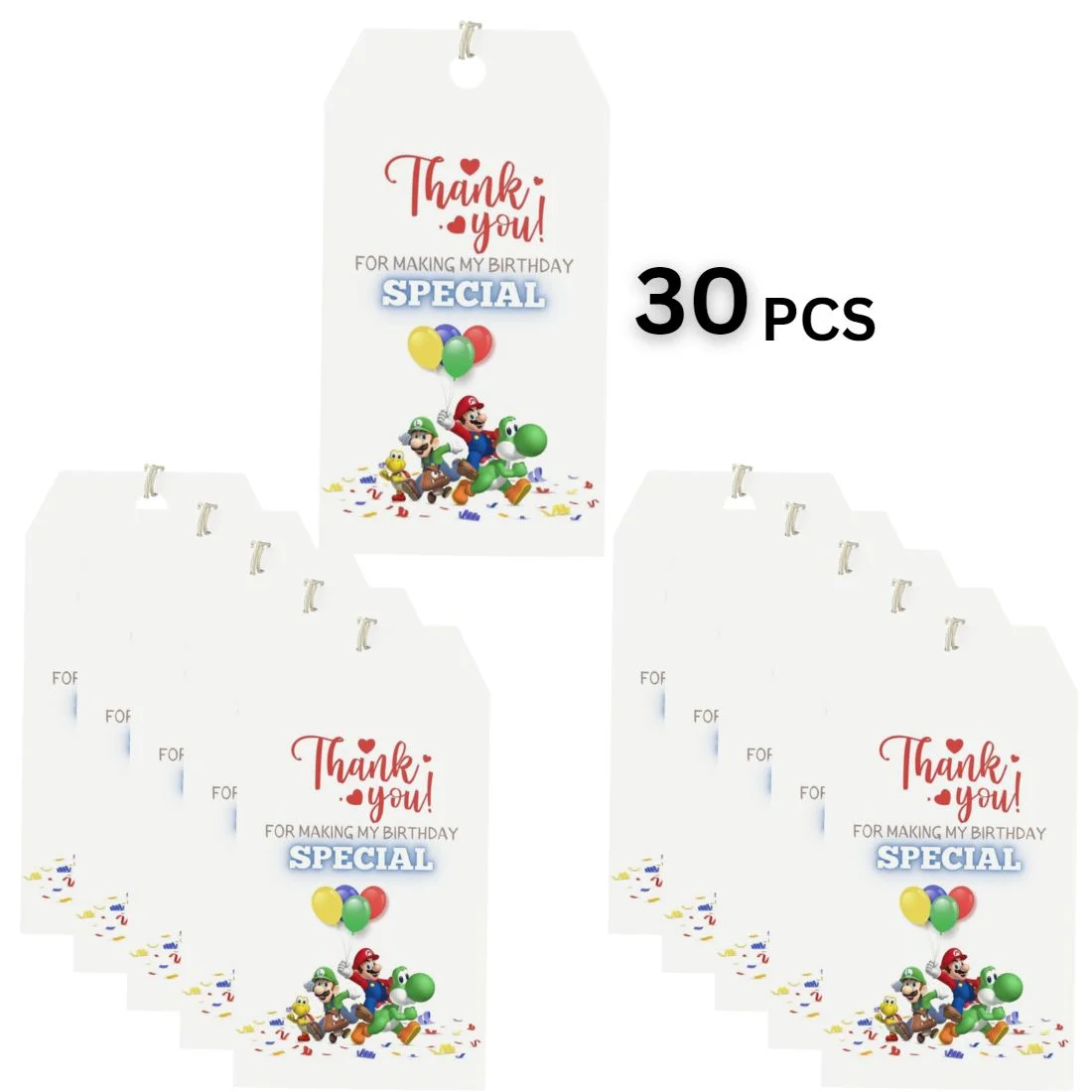 The Super Mario Theme Birthday Favour Tags (2 x 3.5 inches/250 GSM Cardstock/Mixcolour/30Pcs) - Premium Handcrafted 300 GSM Thank You Cards by Party Decor Mall India - View 3