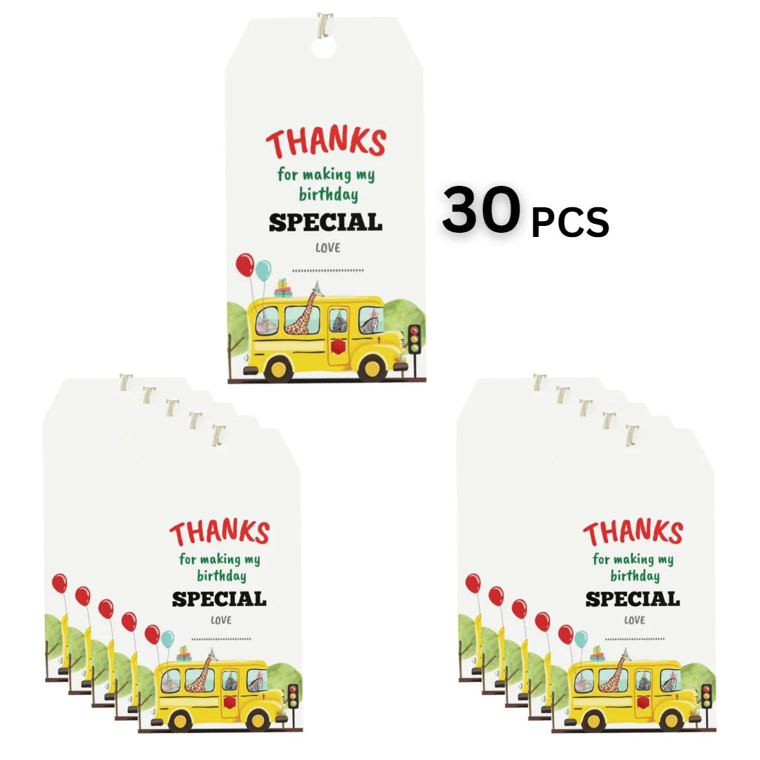 Weels On The Bus Theme Birthday Favour Tags (2 x 3.5 inches/250 GSM Cardstock/Mixcolour/30Pcs) - Premium Handcrafted 300 GSM Thank You Cards by Party Decor Mall India - View 3