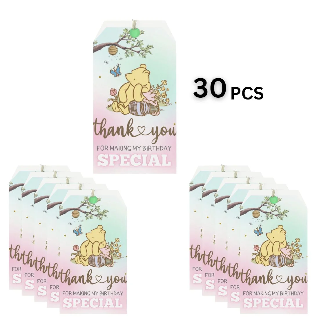 Winnie The Pooh Theme Model 2 Birthday Favour Tags (2 x 3.5 inches/250 GSM Cardstock/Green, Brown, Light blue, White & Pink/30Pcs) - Premium Handcrafted 300 GSM Thank You Cards by Party Decor Mall India - View 2
