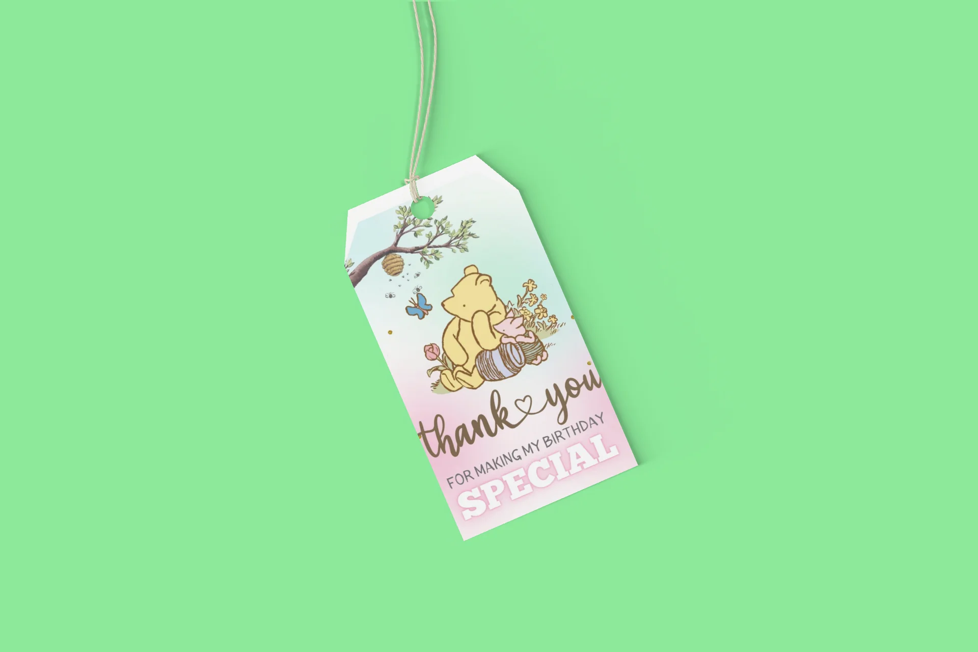 Winnie The Pooh Theme Model 2 Birthday Favour Tags (2 x 3.5 inches/250 GSM Cardstock/Green, Brown, Light blue, White & Pink/30Pcs) - Premium Handcrafted 300 GSM Thank You Cards by Party Decor Mall India - View 8